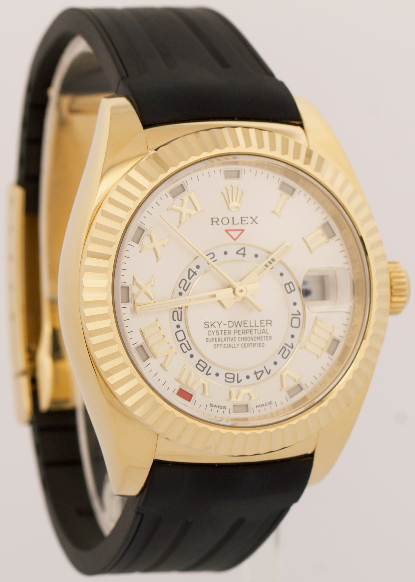MINT Rolex Sky-Dweller 42mm SILVER ARABIC 18K Yellow Gold Rubber 326138 Watch