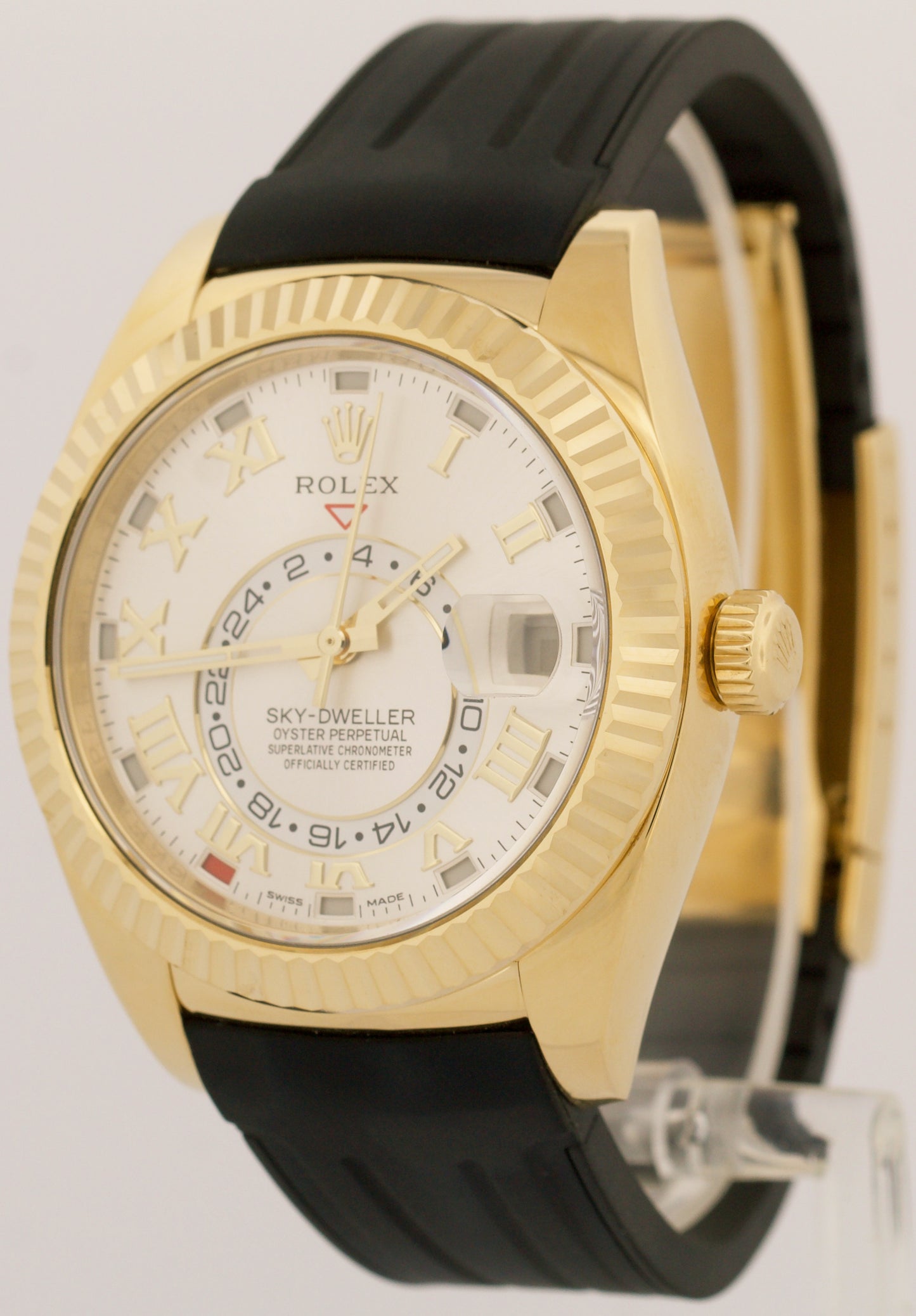 MINT Rolex Sky-Dweller 42mm SILVER ARABIC 18K Yellow Gold Rubber 326138 Watch