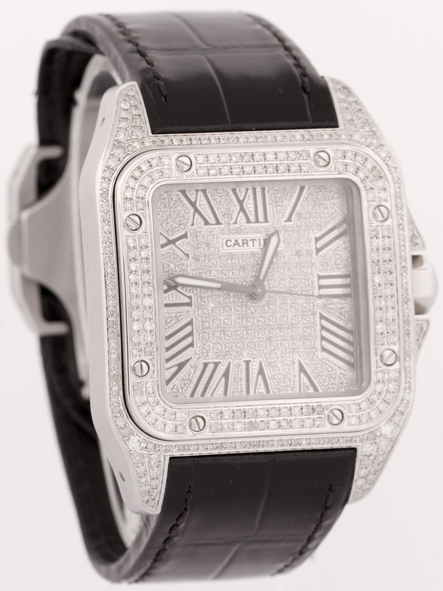 MINT Cartier Santos 100 XL PAVE DIAMOND Stainless Steel Leather 38mm 2656 Watch
