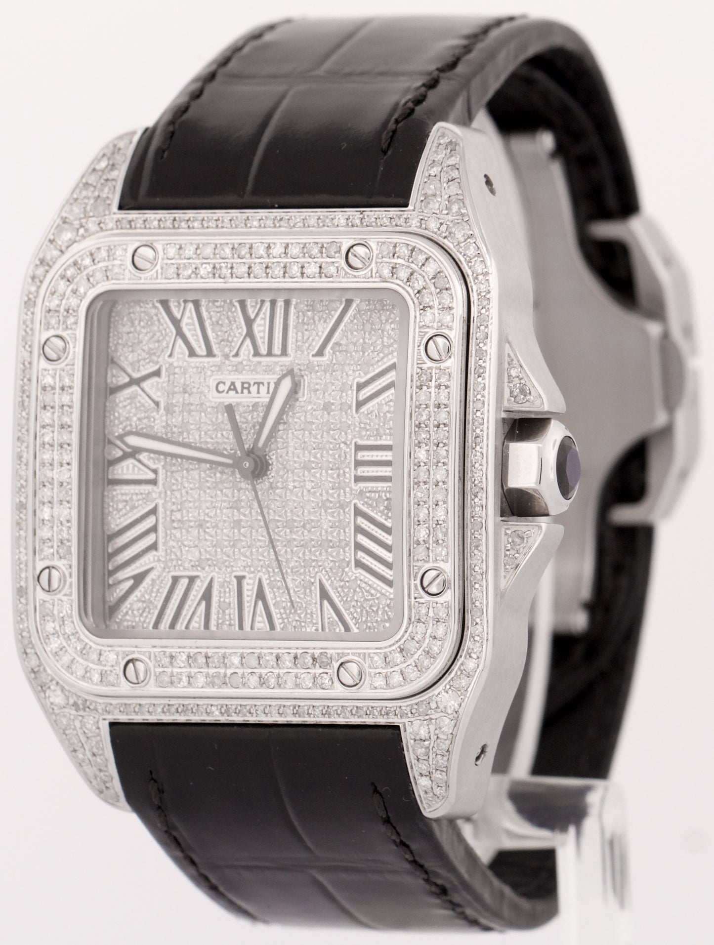 MINT Cartier Santos 100 XL PAVE DIAMOND Stainless Steel Leather 38mm 2656 Watch