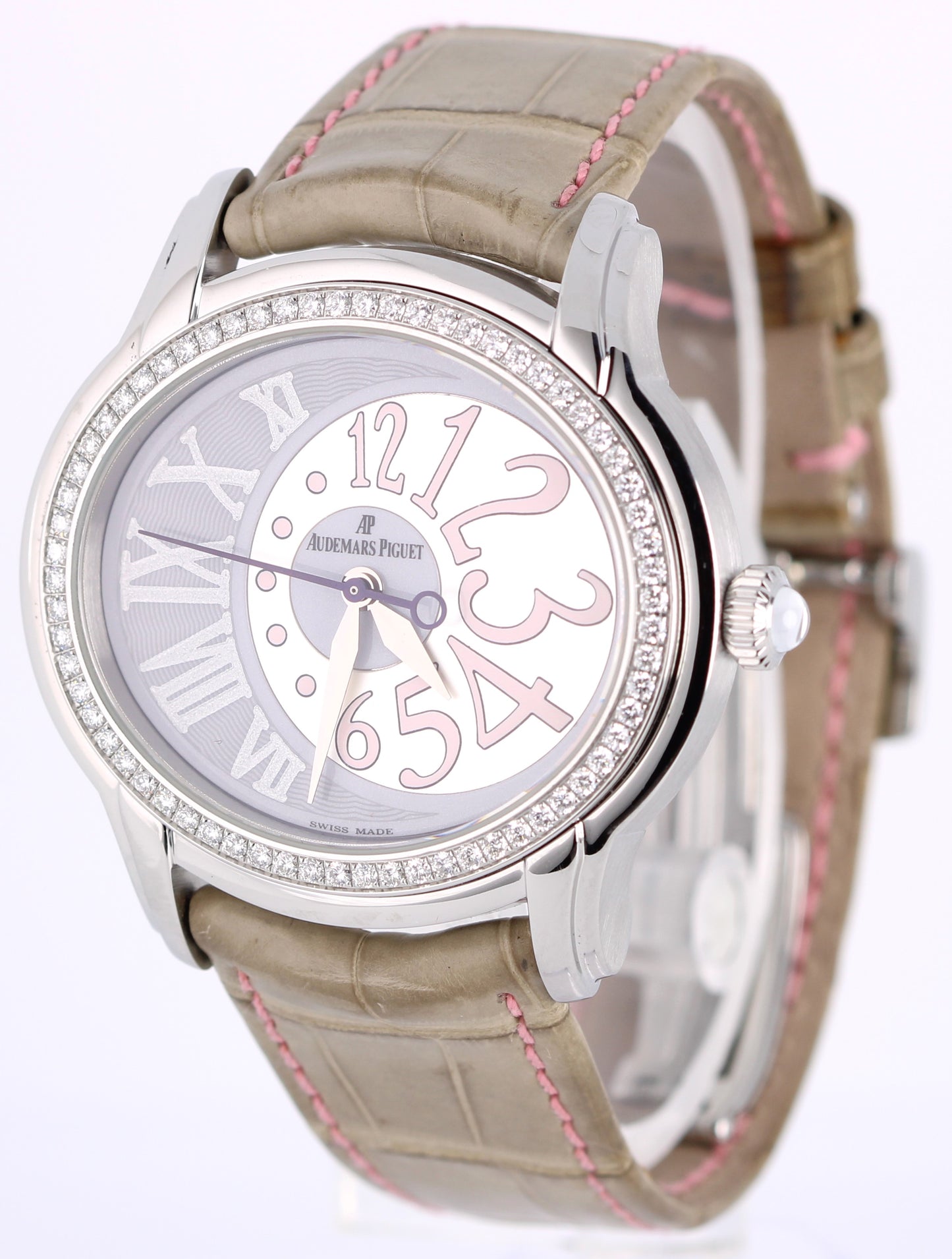 Audemars Piguet Millenary DIAMOND Steel Silver Pink 39.5mm 77301ST Leather Watch