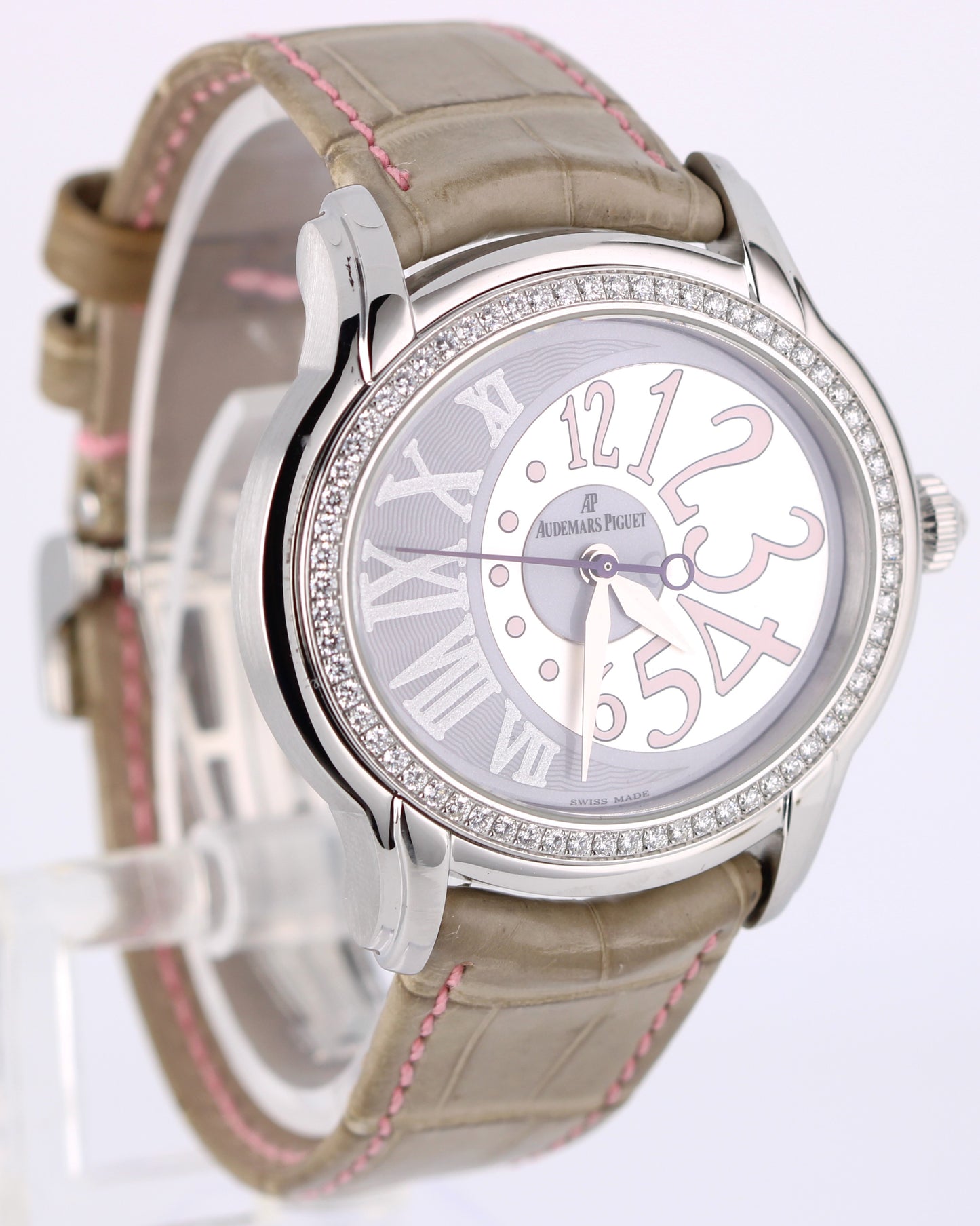 Audemars Piguet Millenary DIAMOND Steel Silver Pink 39.5mm 77301ST Leather Watch
