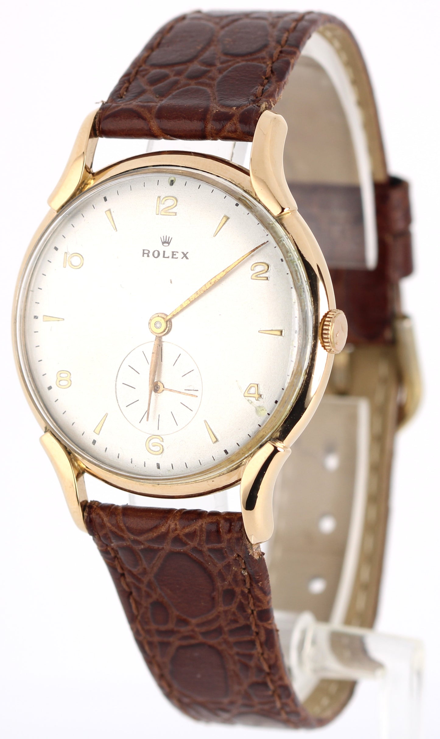 VINTAGE Rolex Precision 18k Rose Gold Silver 35mm Brown Leather Dress Watch