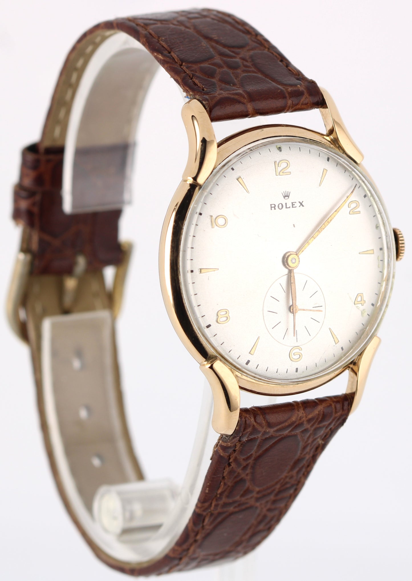 VINTAGE Rolex Precision 18k Rose Gold Silver 35mm Brown Leather Dress Watch