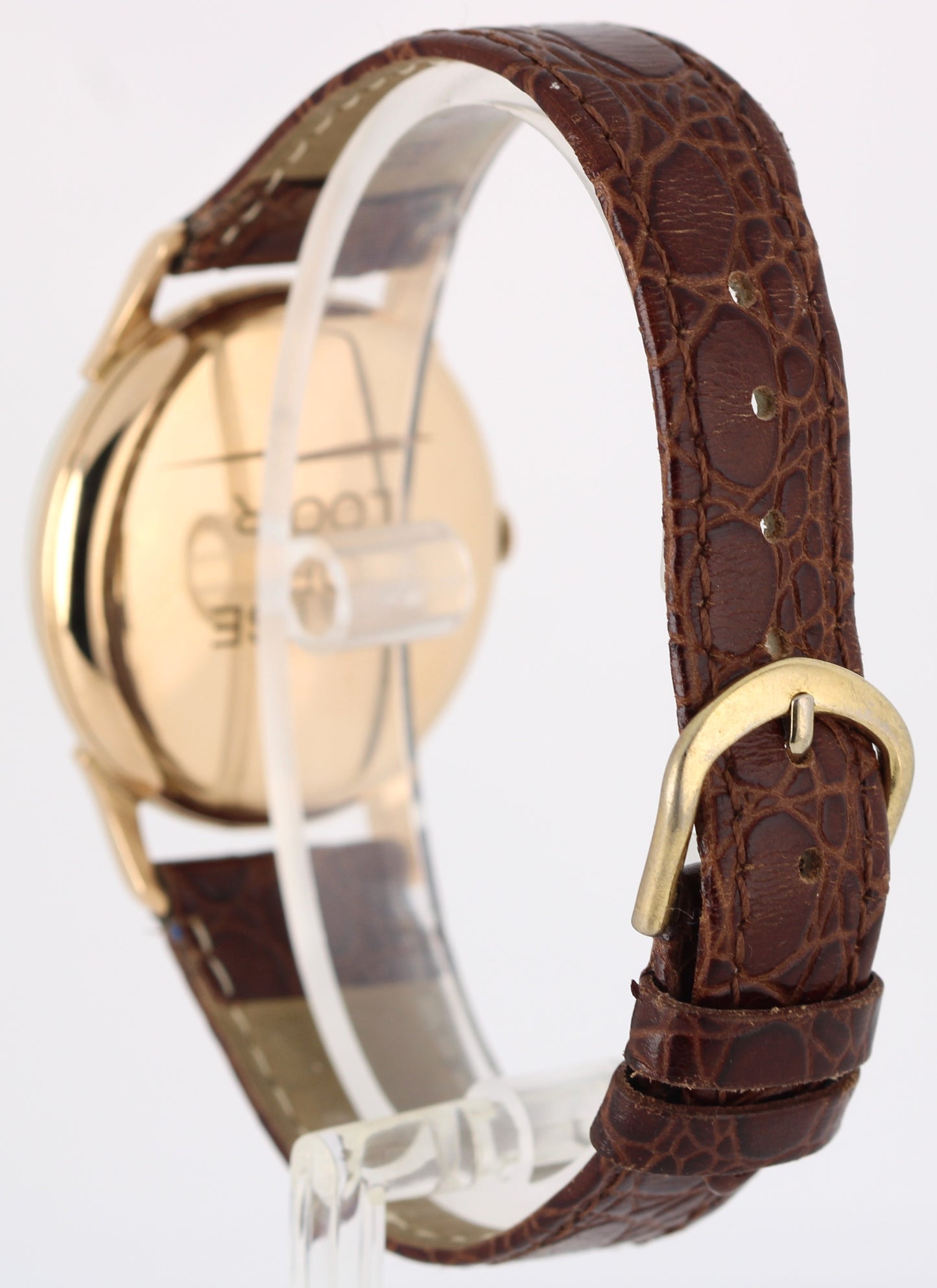 VINTAGE Rolex Precision 18k Rose Gold Silver 35mm Brown Leather Dress Watch