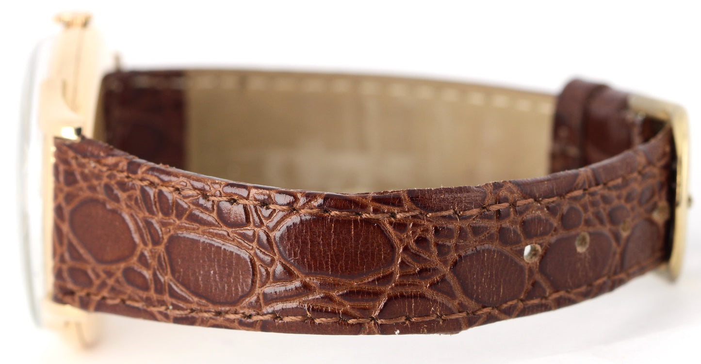 VINTAGE Rolex Precision 18k Rose Gold Silver 35mm Brown Leather Dress Watch