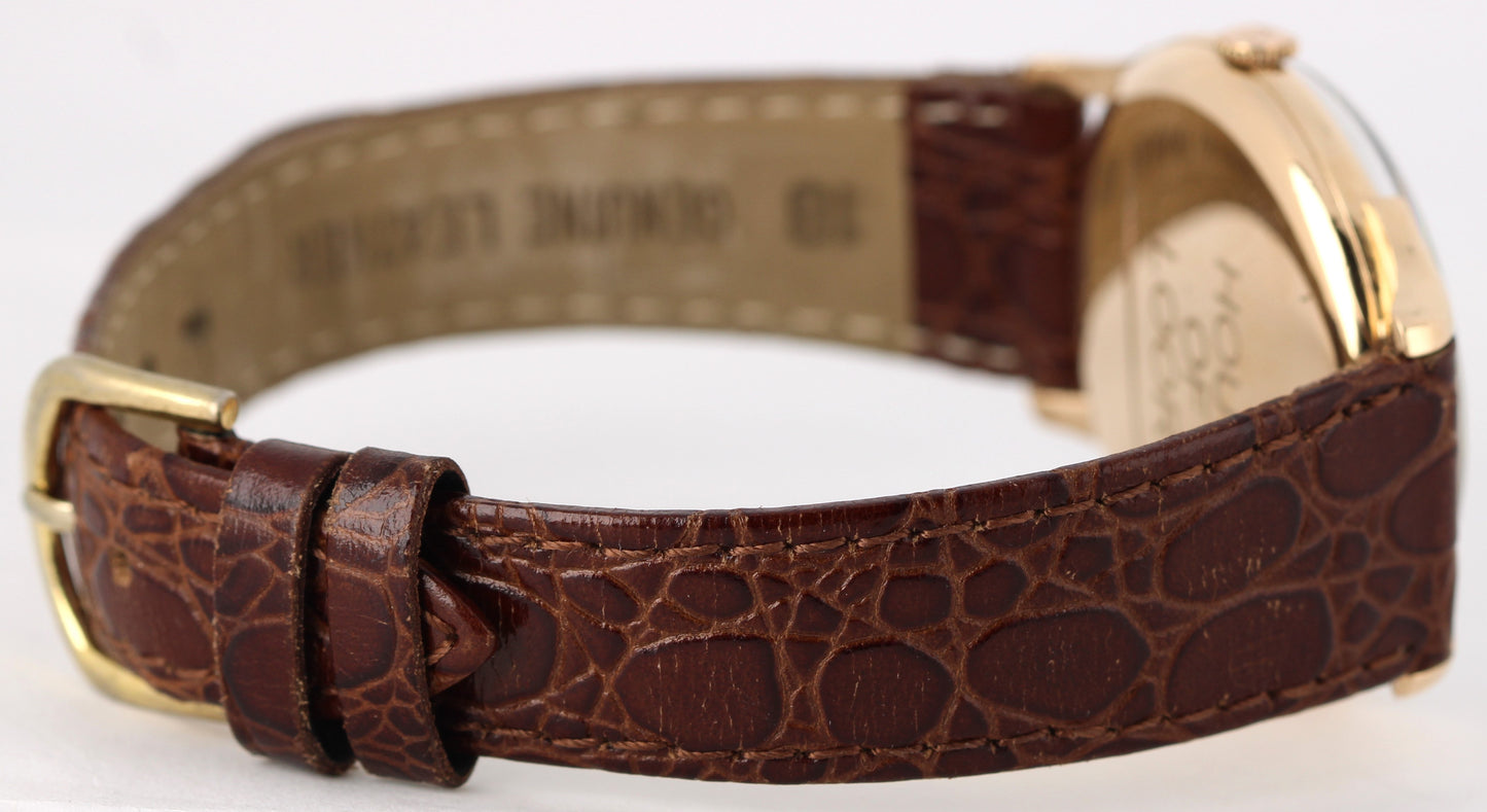 VINTAGE Rolex Precision 18k Rose Gold Silver 35mm Brown Leather Dress Watch