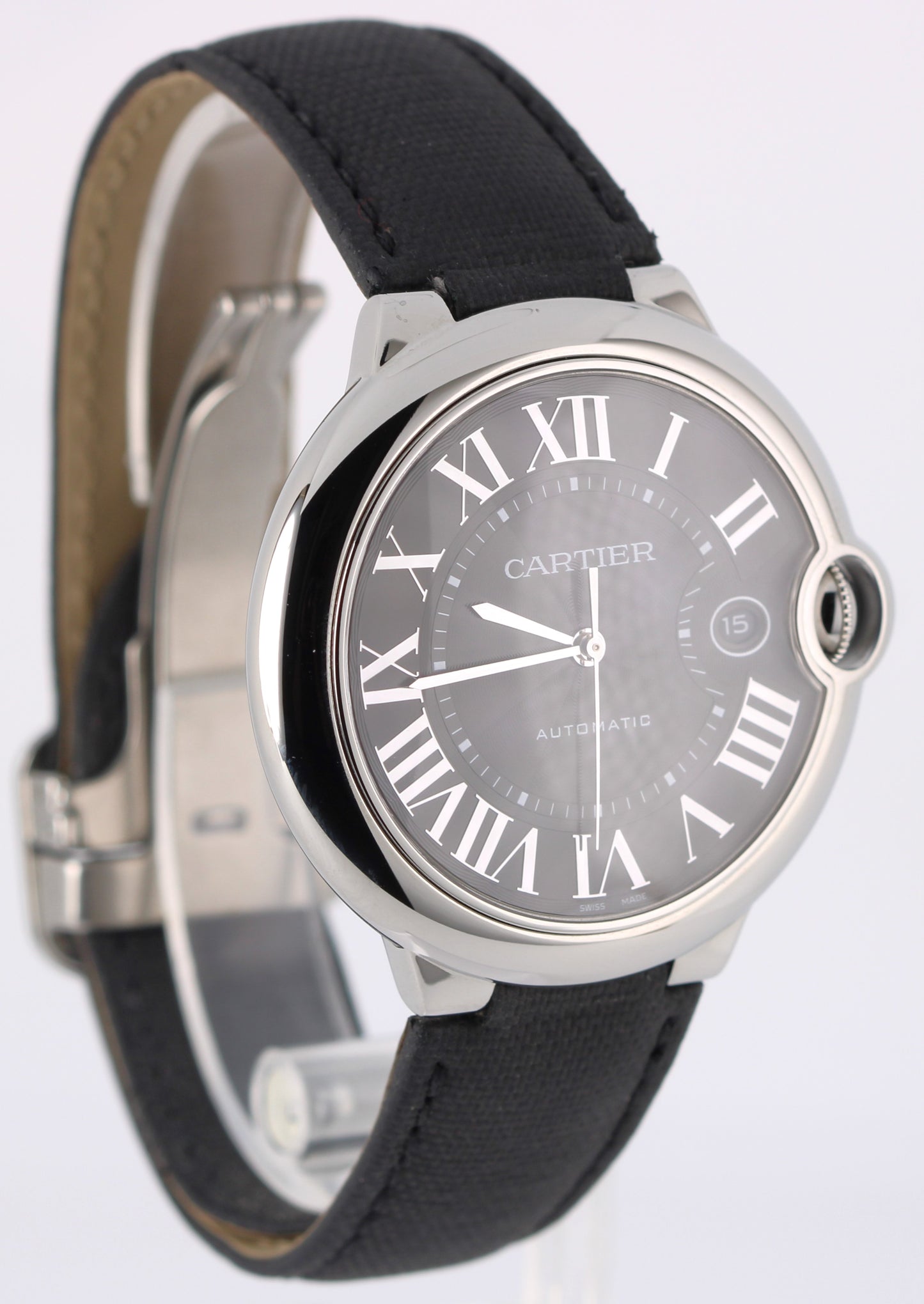 Cartier Ballon Bleu Steel Black Roman Numeral Guilloche 42mm 3765 Watch BOX