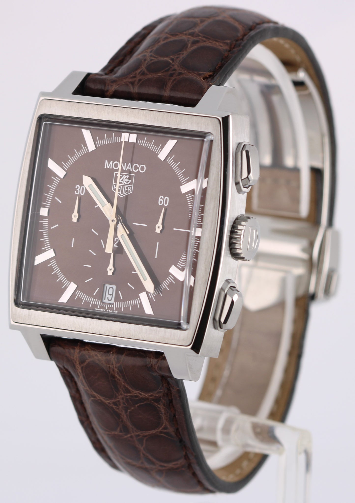 Tag Heuer Monaco SQUARE Stainless Steel Brown 38mm CW2114 Leather Watch