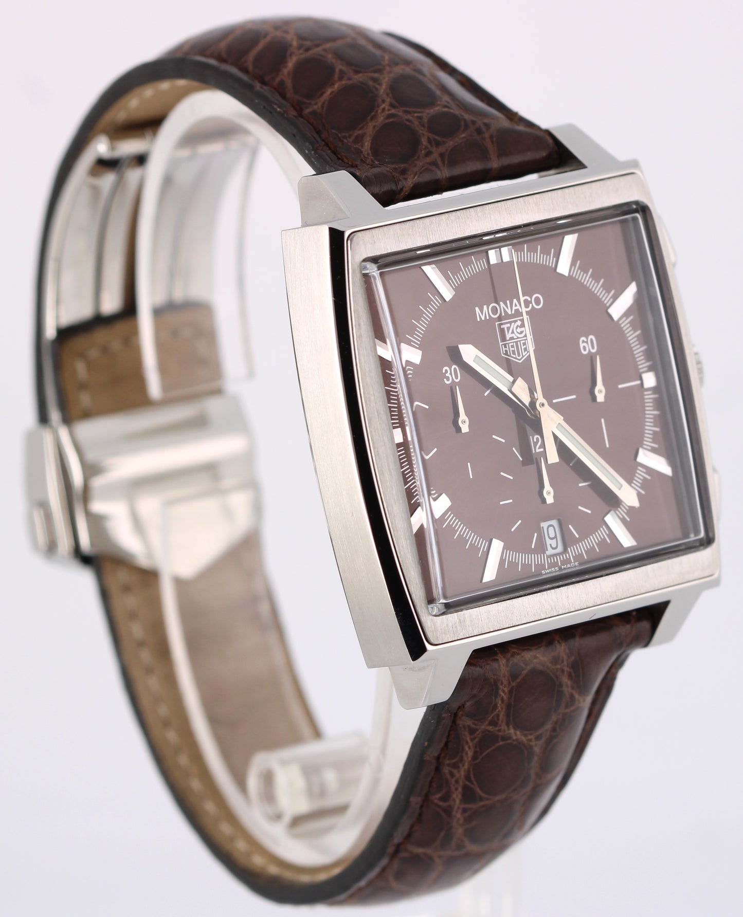 Tag Heuer Monaco SQUARE Stainless Steel Brown 38mm CW2114 Leather Watch