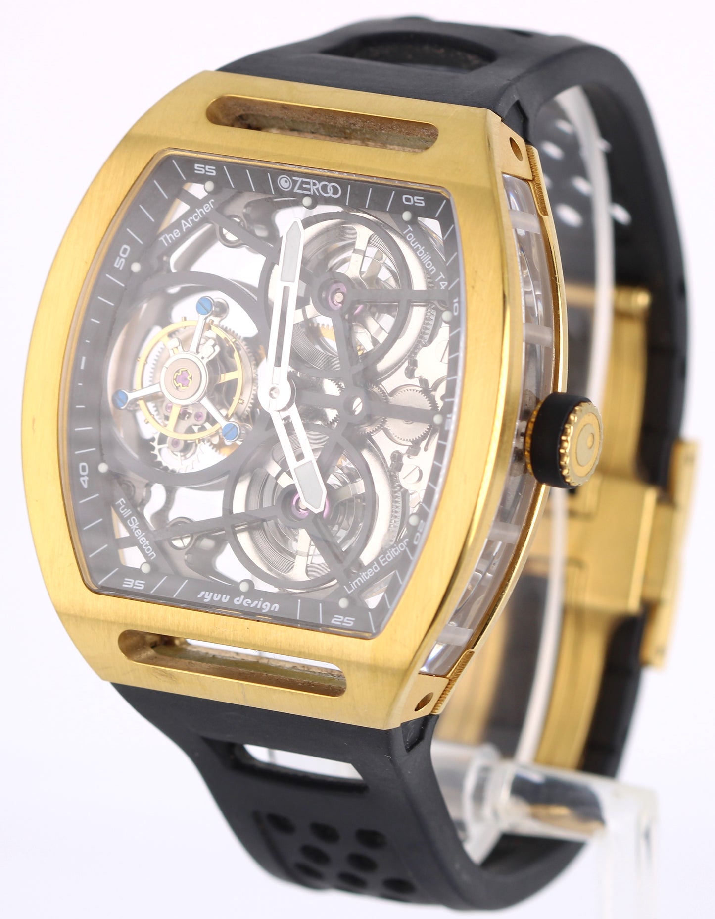 Zeroo Time T4 THE ARCHER Skeleton Tourbillon Gold Steel 41mm x 48mm Rubber Watch