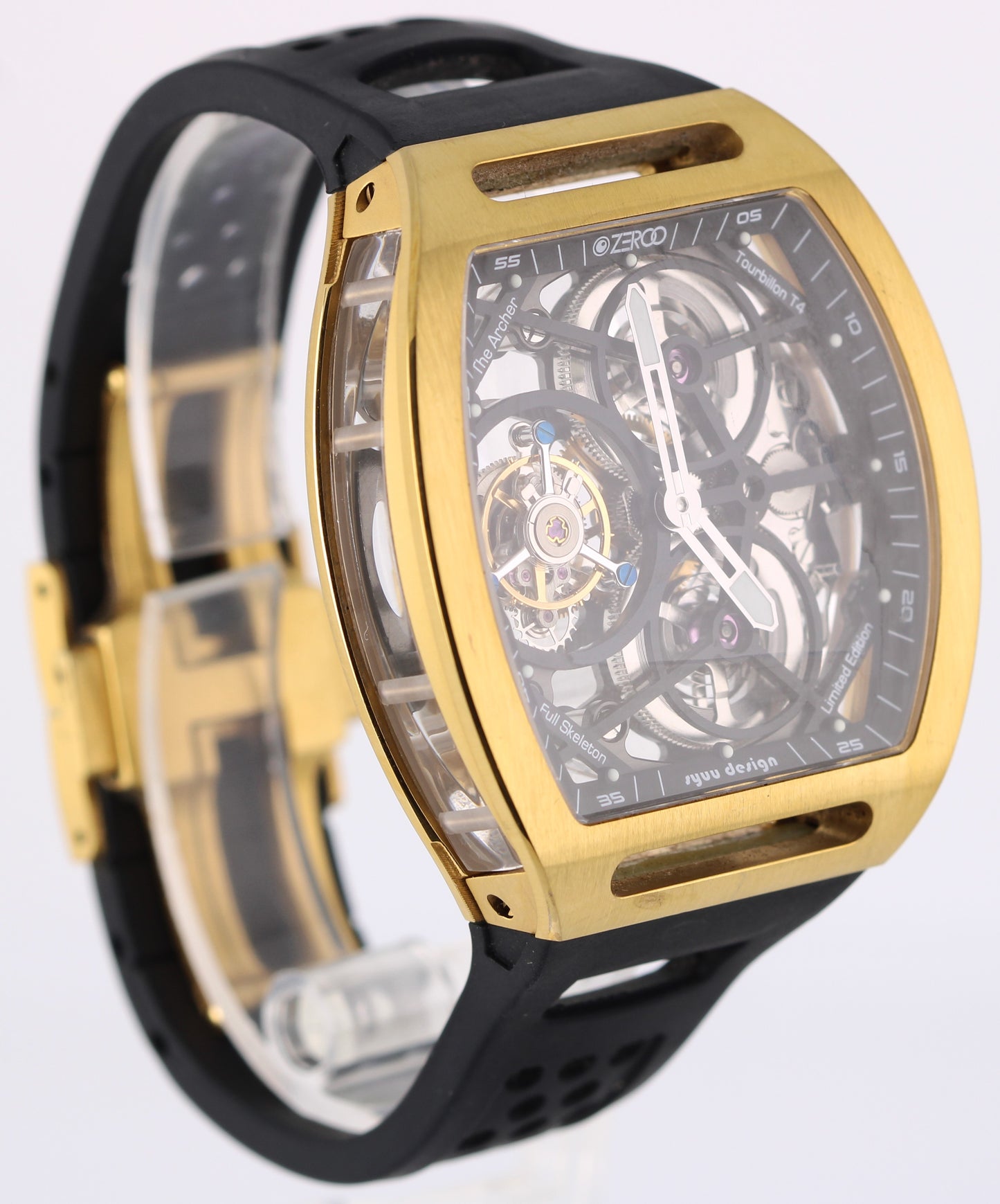 Zeroo Time T4 THE ARCHER Skeleton Tourbillon Gold Steel 41mm x 48mm Rubber Watch