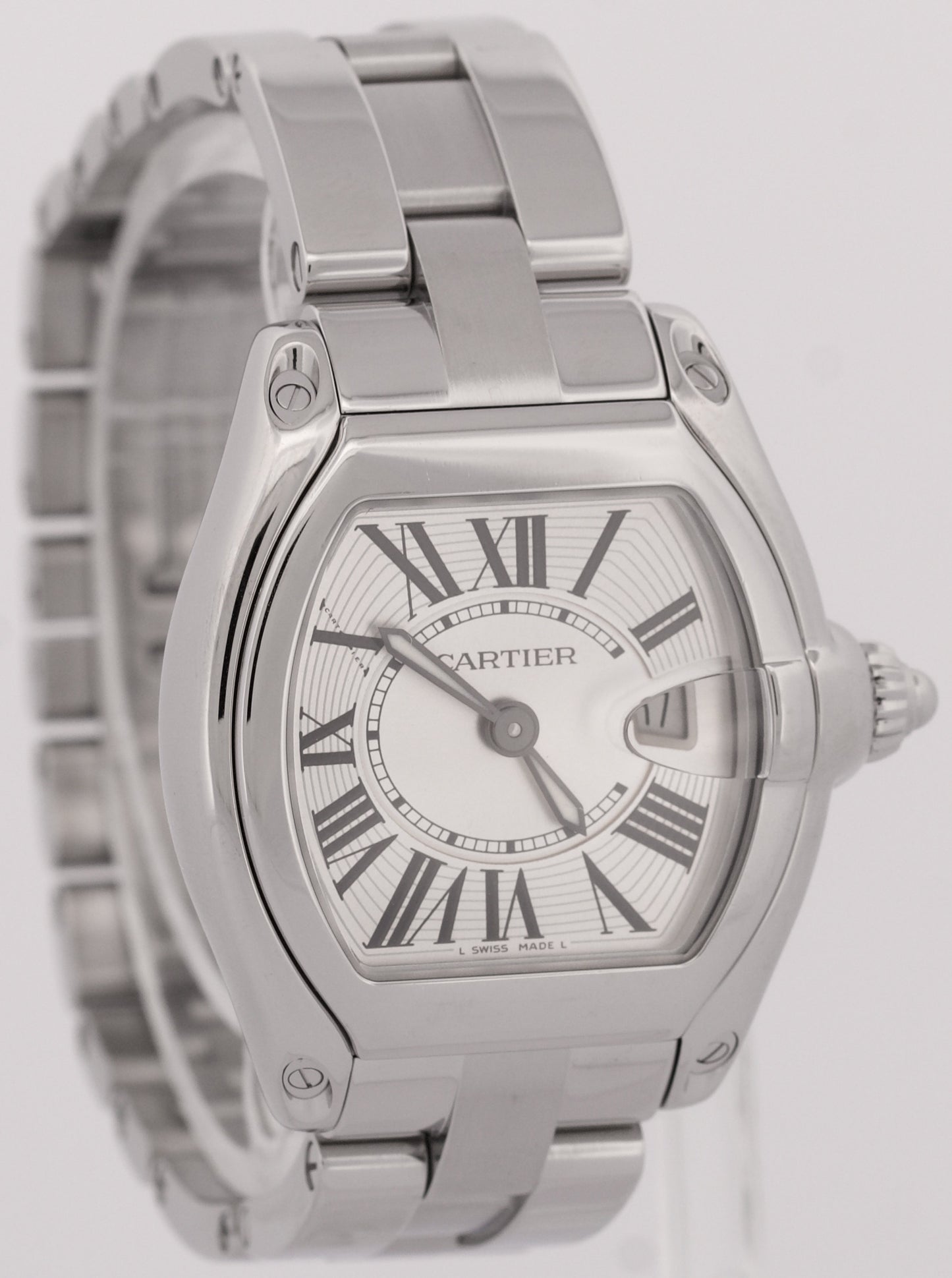 MINT Ladies Cartier Roadster SILVER Roman 2675 31mm Quartz Stainless Steel Watch