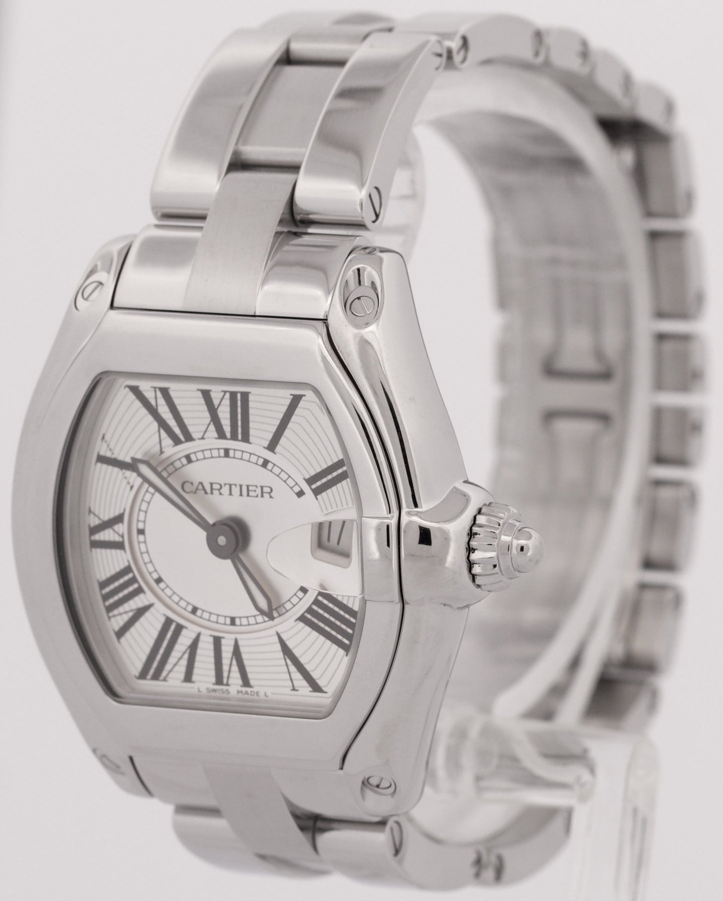 MINT Ladies Cartier Roadster SILVER Roman 2675 31mm Quartz Stainless Steel Watch