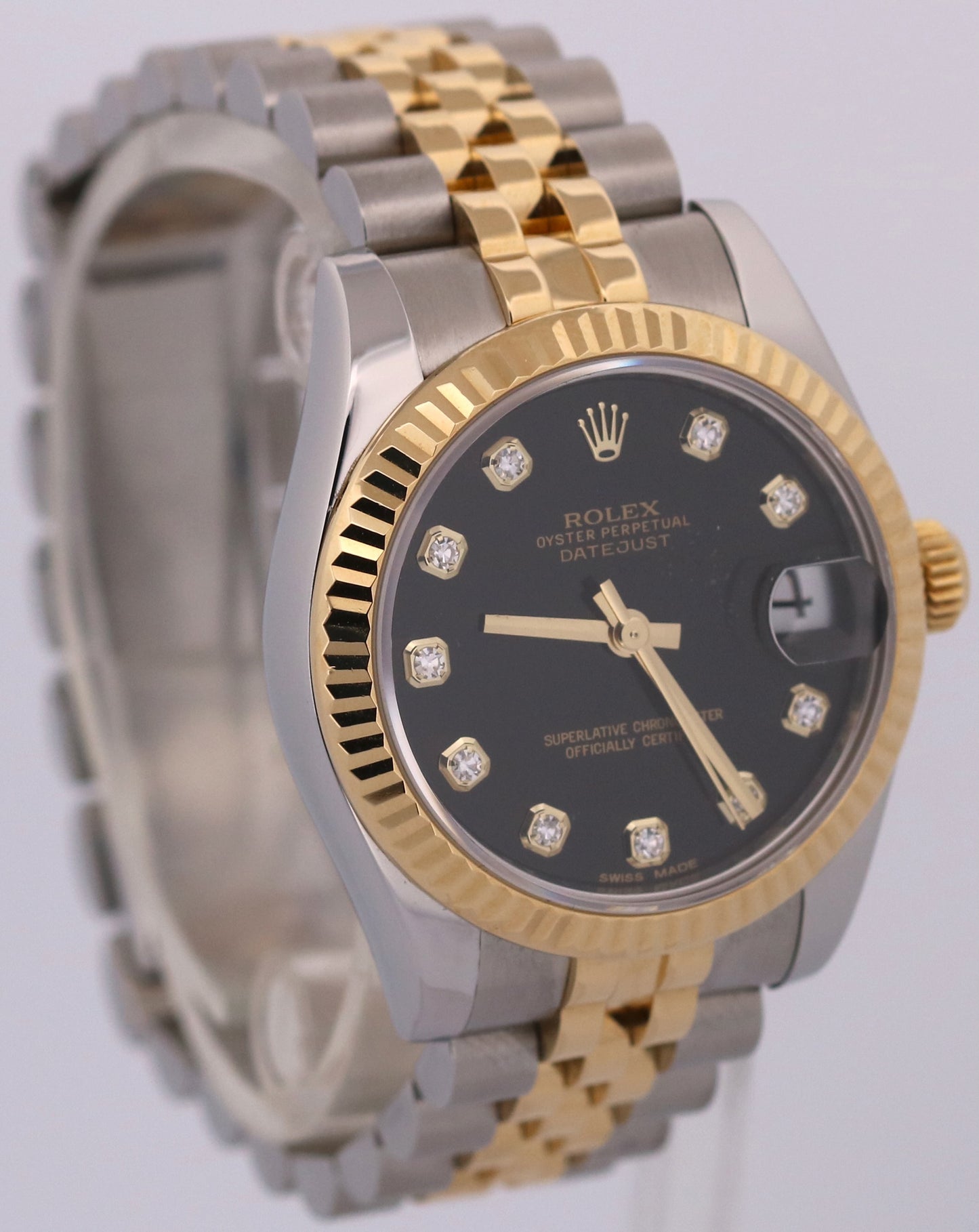 PAPERS Rolex DateJust FACTORY BLACK DIAMOND 18K Steel JUBILEE 31mm 178273 BOX