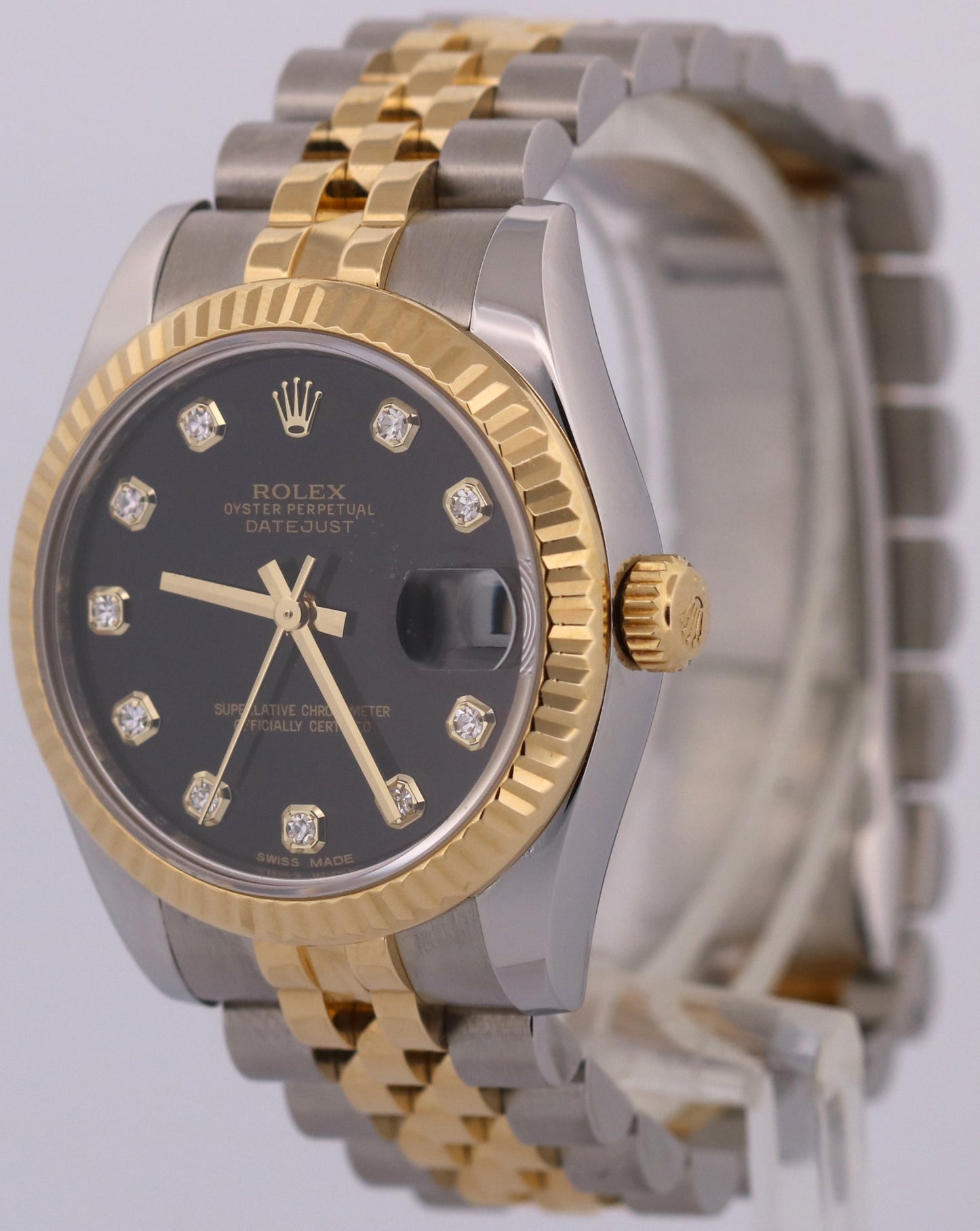 PAPERS Rolex DateJust FACTORY BLACK DIAMOND 18K Steel JUBILEE 31mm 178273 BOX
