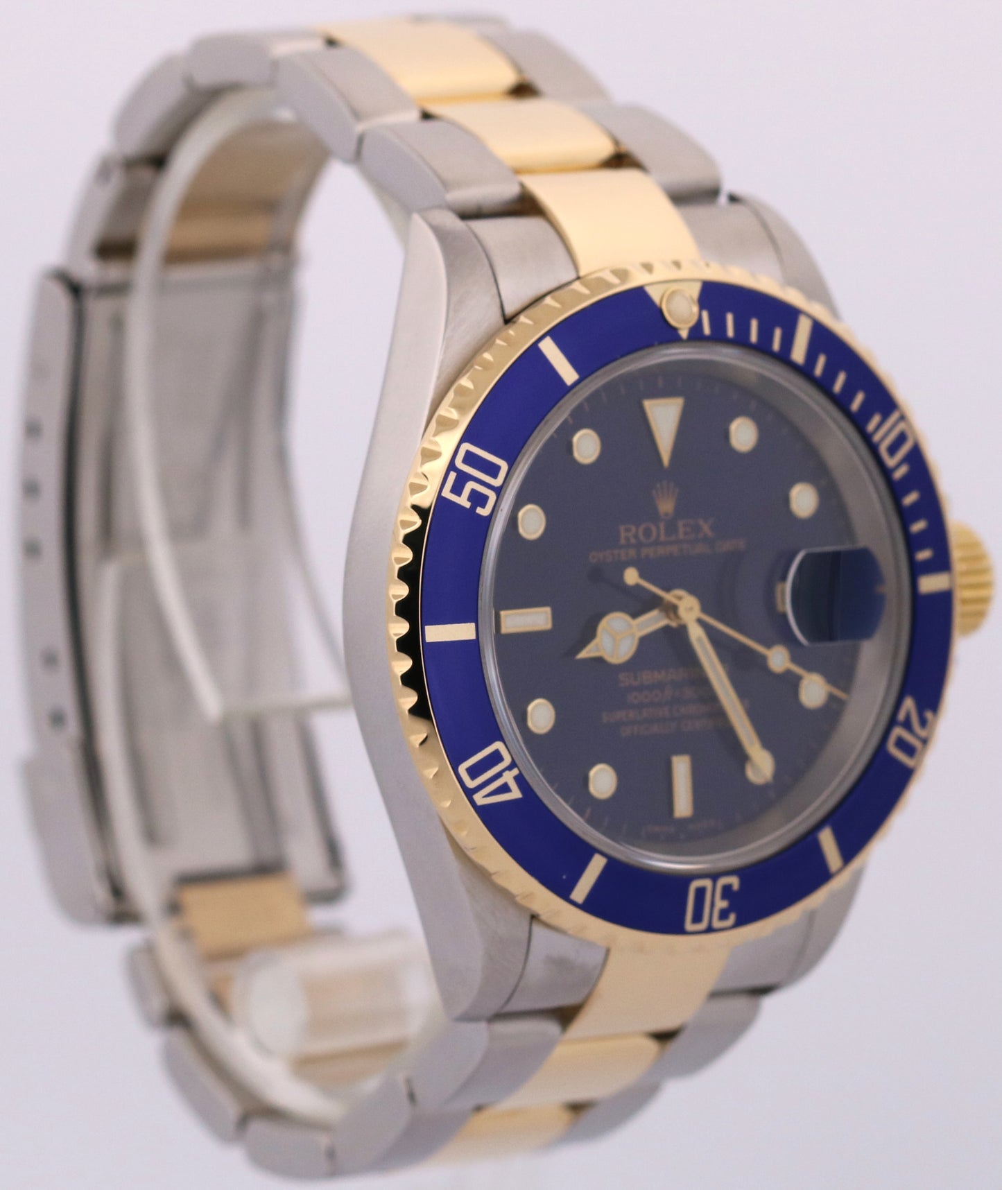 Rolex Submariner Date 40mm Blue NO-HOLES Stainless Steel 18K GOLD BUCKLE 16613