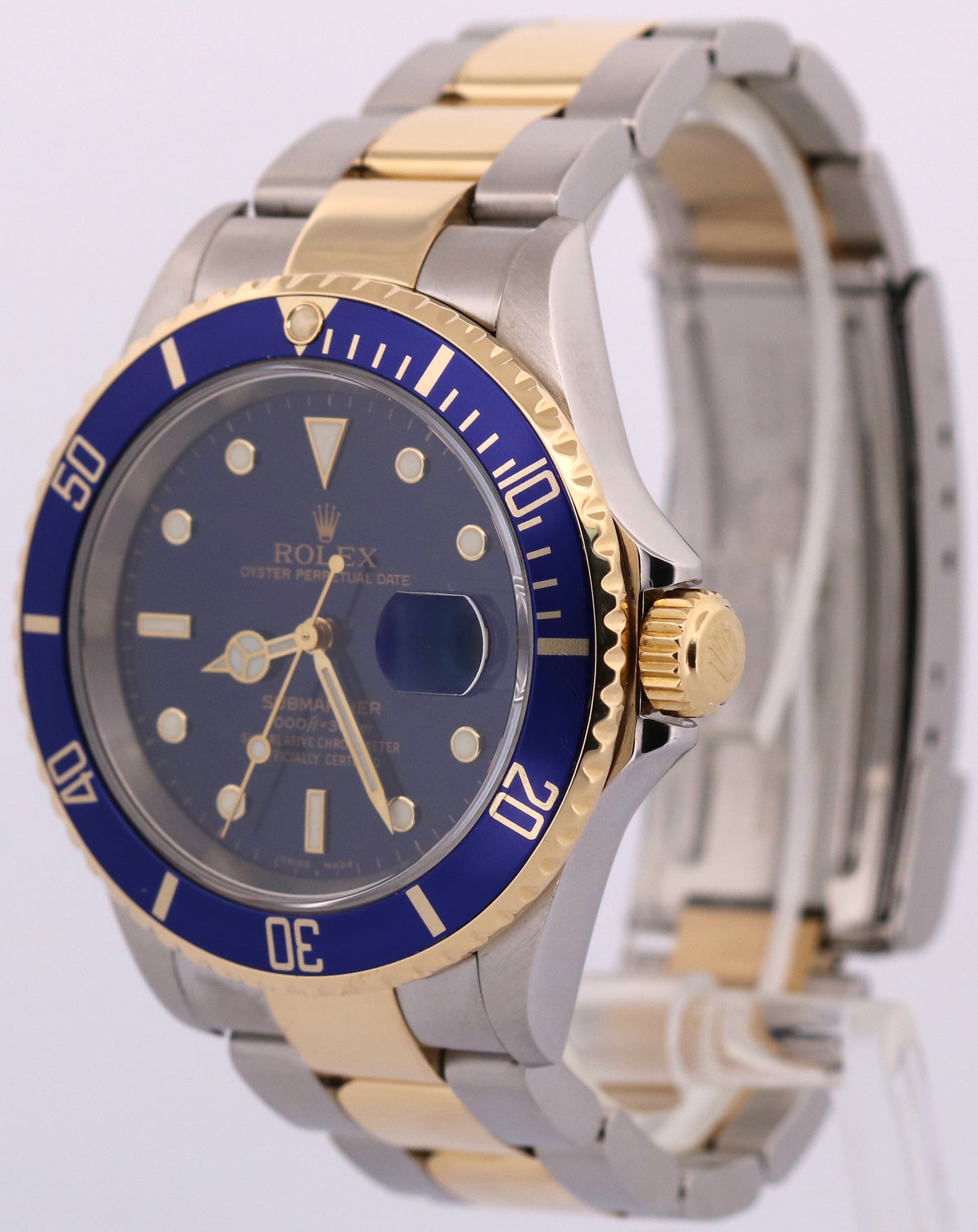Rolex Submariner Date 40mm Blue NO-HOLES Stainless Steel 18K GOLD BUCKLE 16613