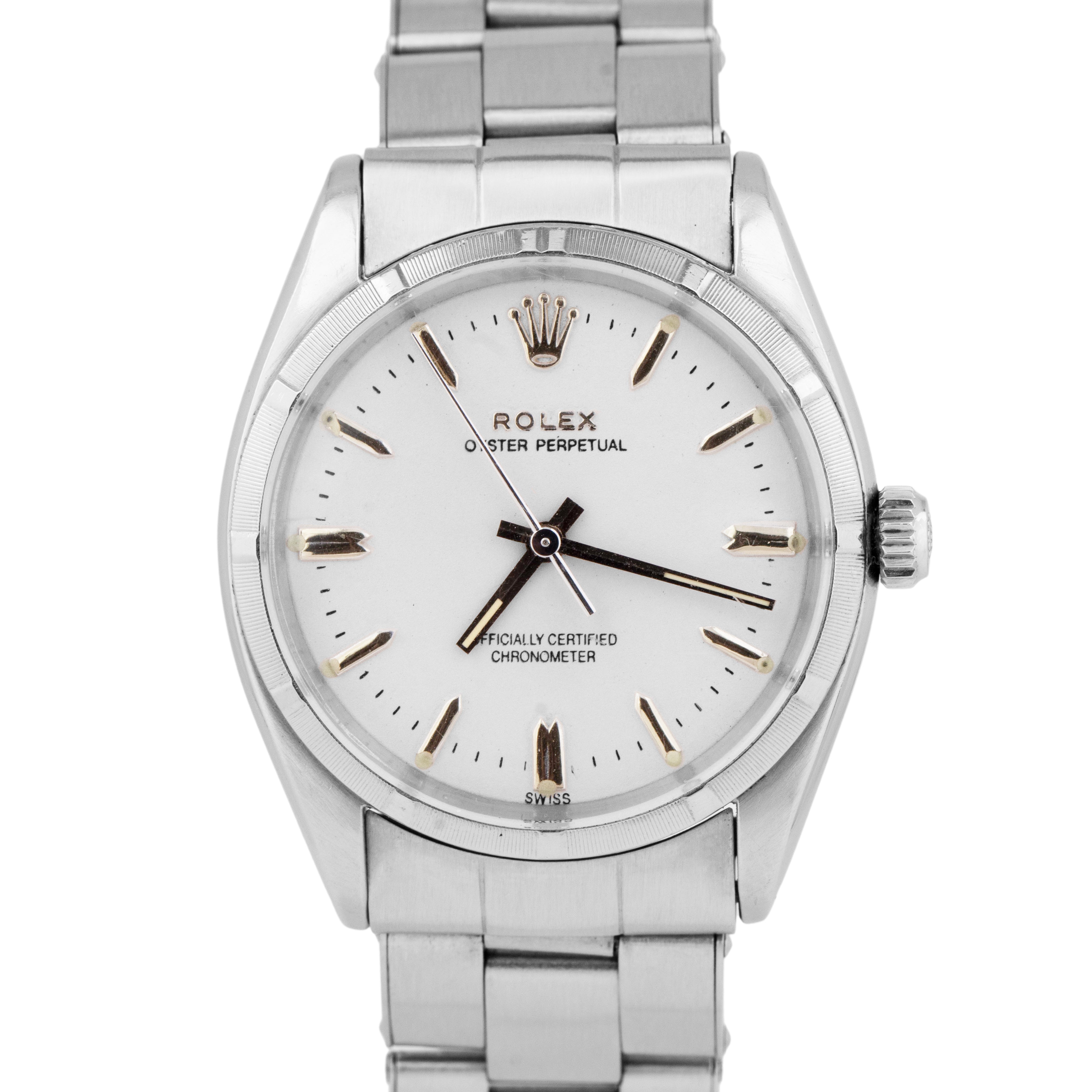 1955 Rolex Oyster Perpetual Stainless Steel 34mm White Engine Turned W CollectorsWatches