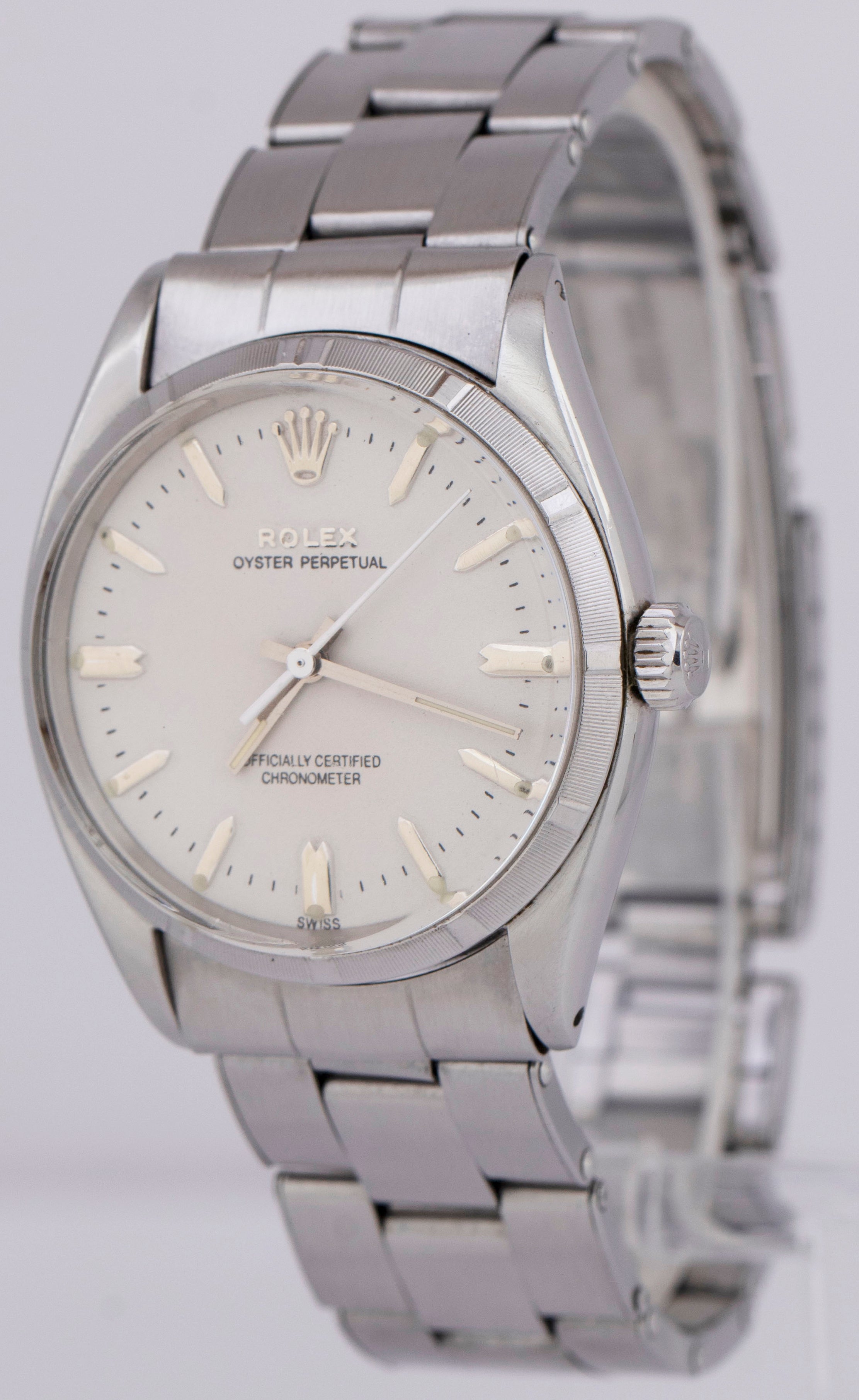 1955 Rolex Oyster Perpetual Stainless Steel 34mm White Engine Turned W CollectorsWatches