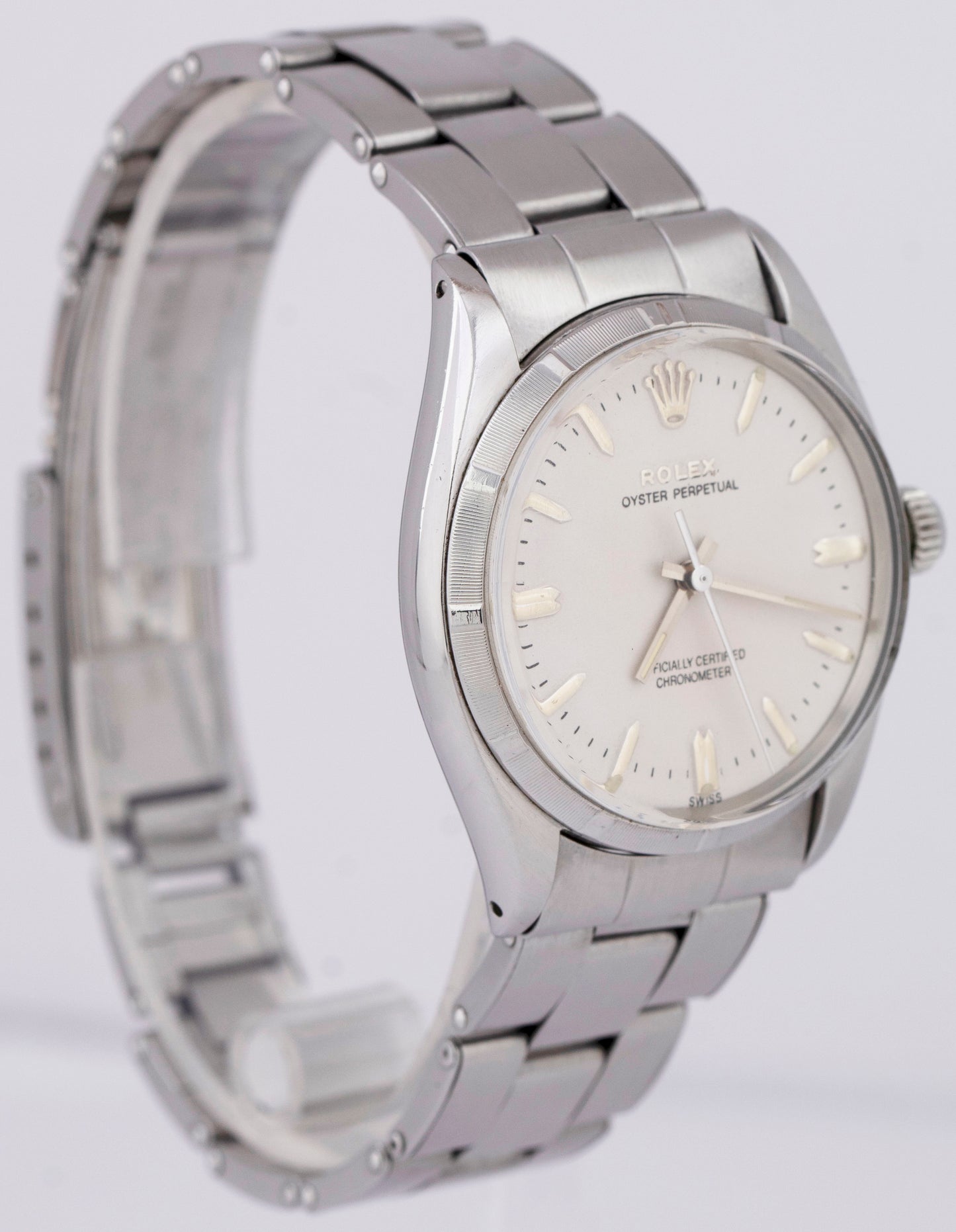 1955 Rolex Oyster Perpetual Stainless Steel 34mm White Engine-Turned Watch 6565