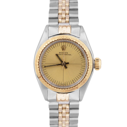 Rolex Oyster Perpetual 24mm Two-Tone Engine Turned Champagne Jubilee Watch 6724