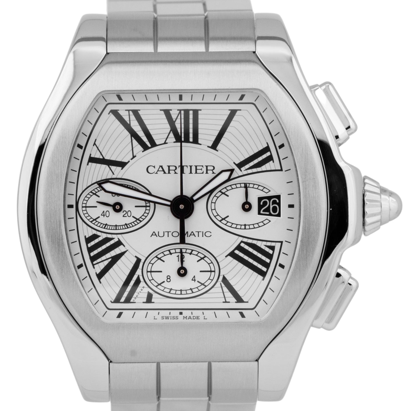 Cartier Roadster Silver Roman 44mm Steel Chronograph Watch 3405 / W6206019 BOX