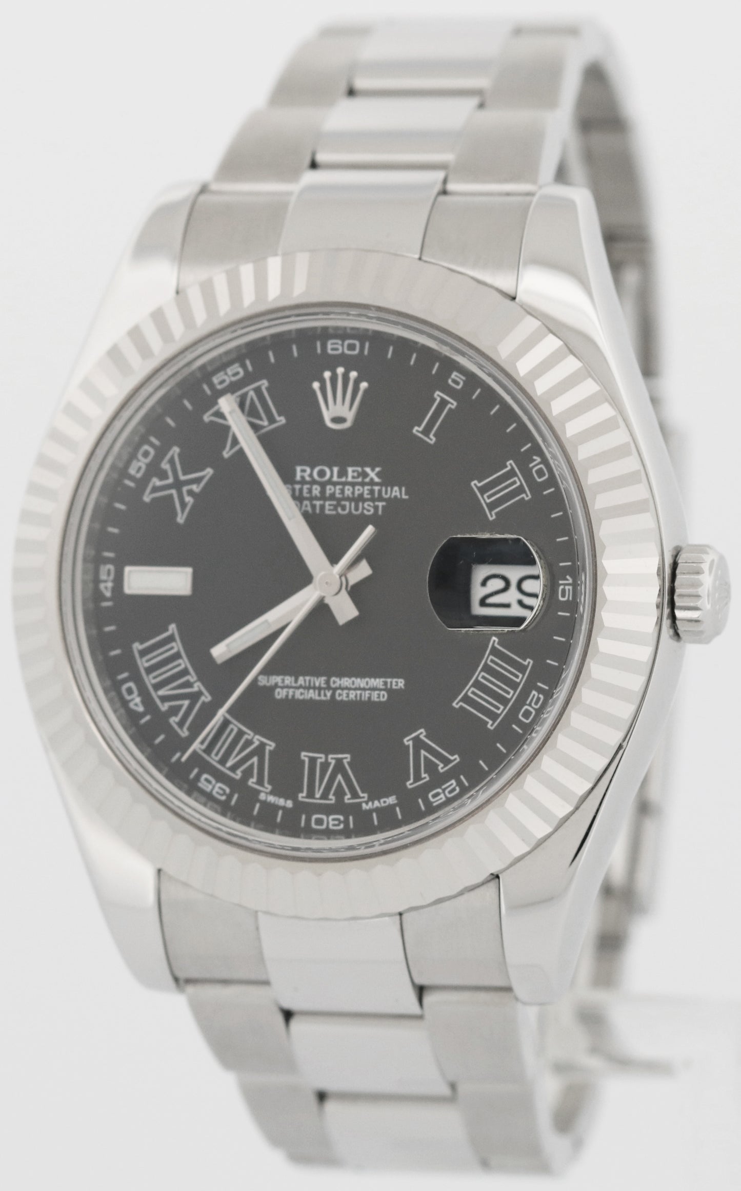 Rolex DateJust II BLACK ROMAN Stainless Steel Oyster 18K Gold 41mm Watch 116334