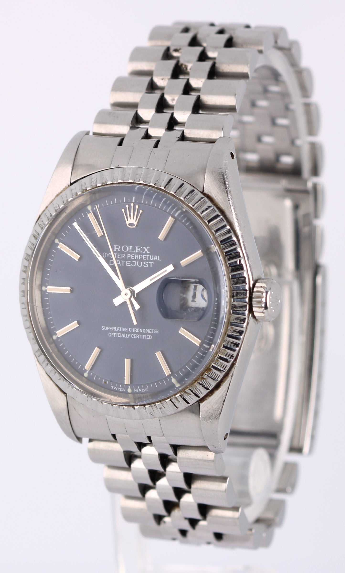 VINTAGE Rolex Datejust Stainless Steel Blue Pie Pan 36mm 1600 Jubilee Watch
