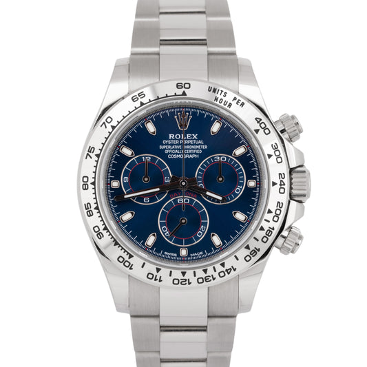 MINT UNPOLISHED PAPERS Rolex Daytona Cosmograph Blue White Gold Watch 116509 BOX