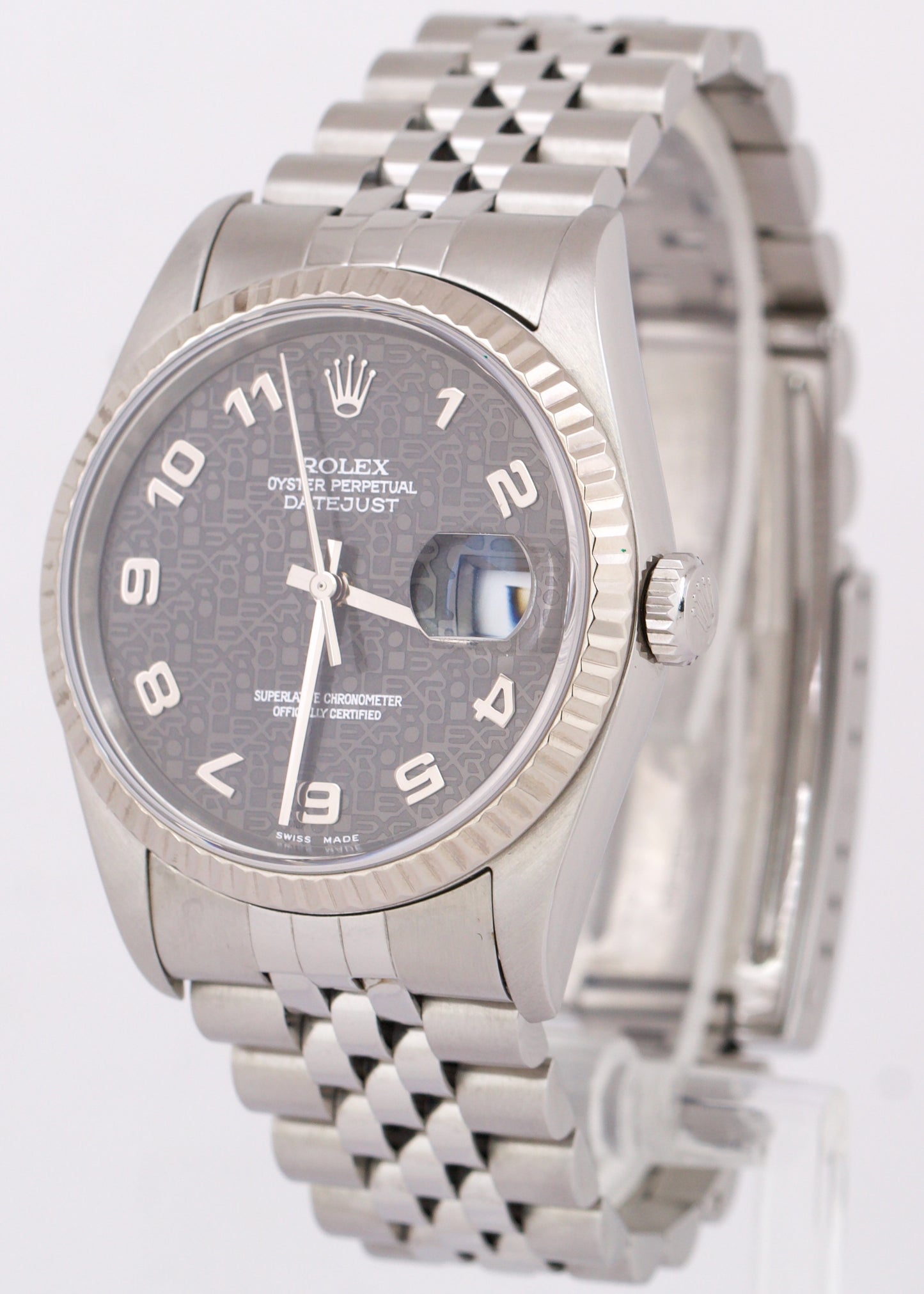 2023 SERVICE Rolex DateJust 36mm GRAY JUBILEE Fluted 18K Stainless Watch 16234