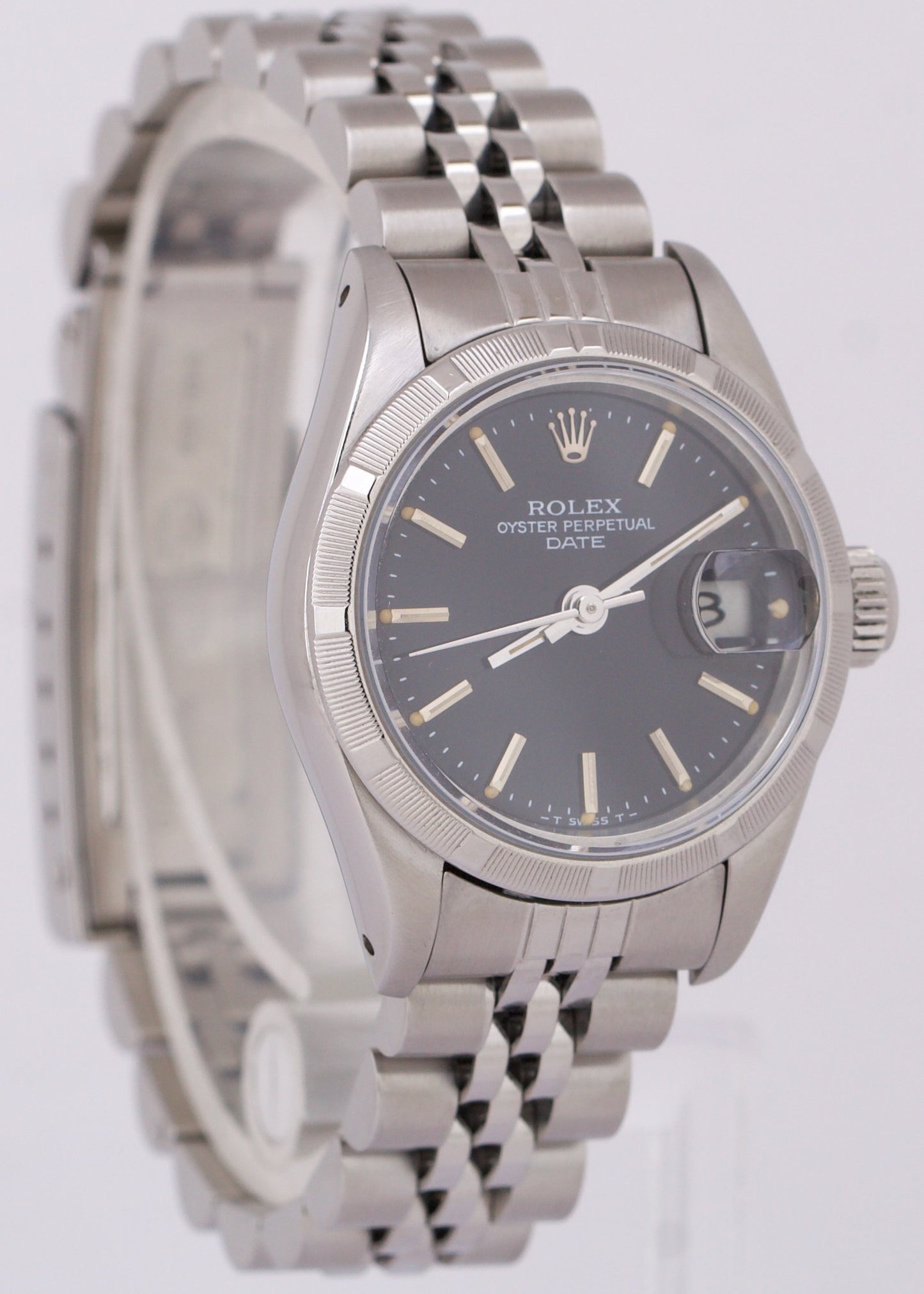 Ladies Rolex Oyster Perpetual Date BLACK 26mm Engine-Turned Steel Watch 69190