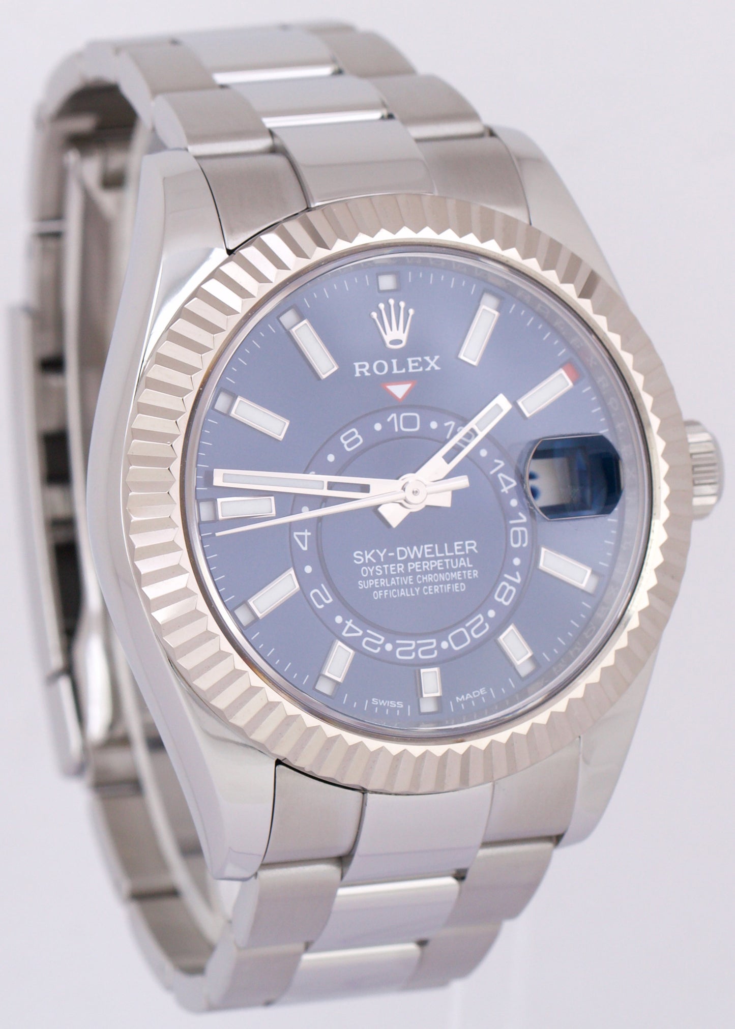 MINT PAPERS Rolex Sky-Dweller BLUE Steel 18K White Gold Oyster 326934 42mm BOX