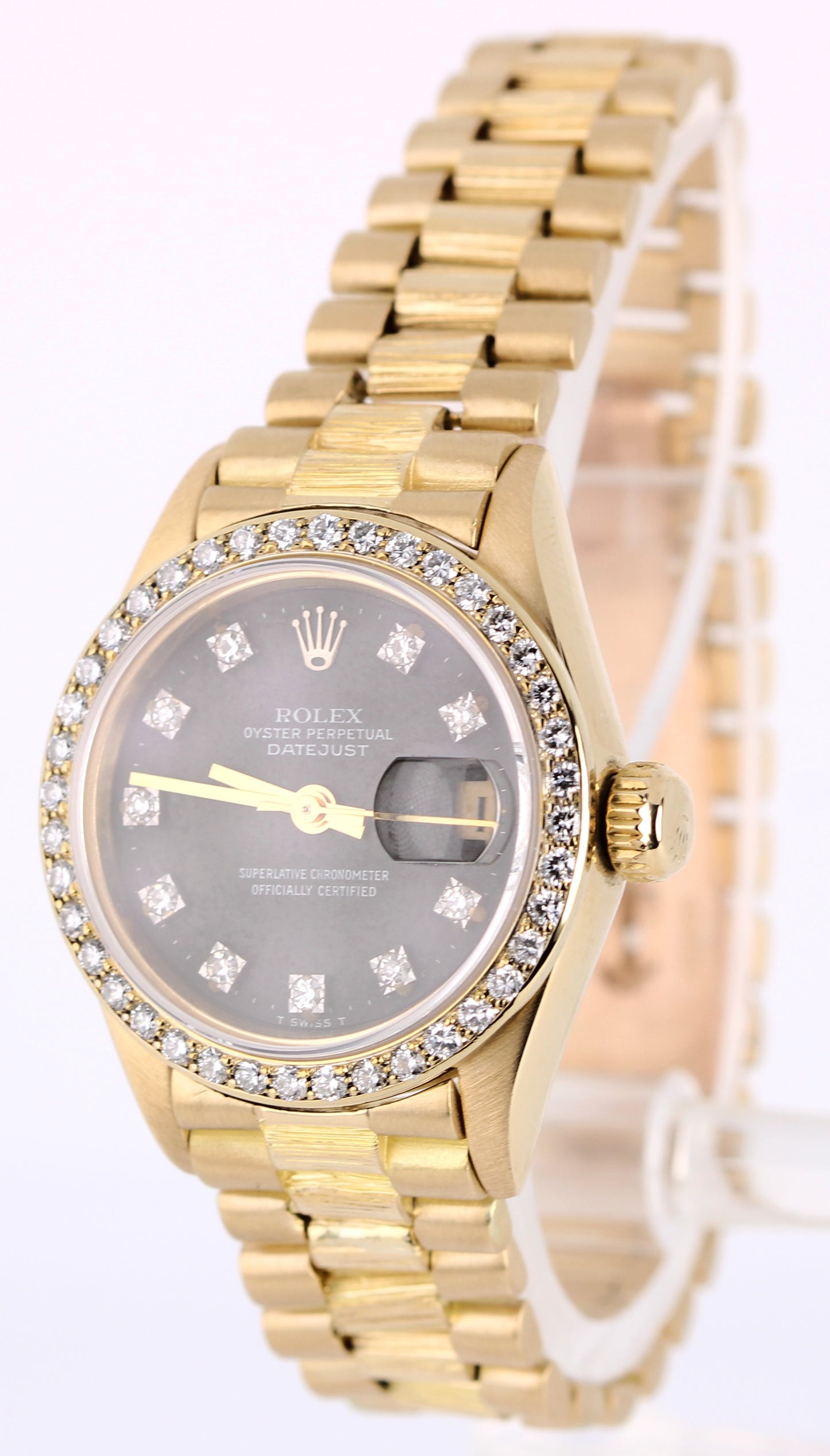 Rolex Datejust 18k Gold DIAMOND Bark President Black Granite 26mm 6927 Watch