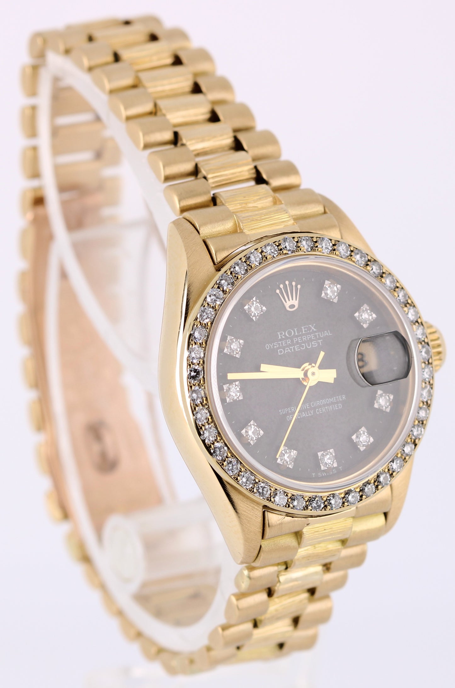 Rolex Datejust 18k Gold DIAMOND Bark President Black Granite 26mm 6927 Watch