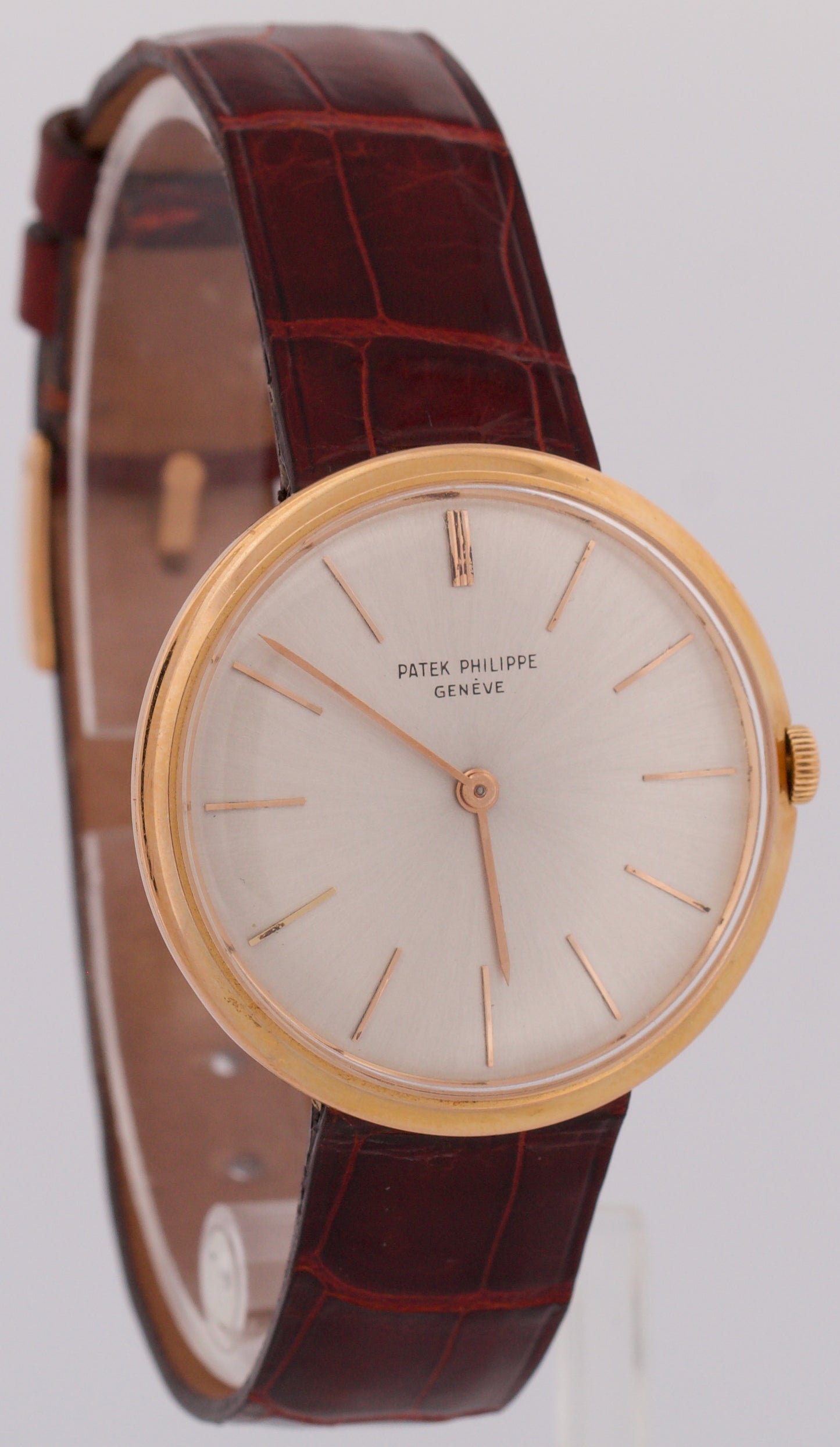 VINTAGE Patek Philippe Calatrava 35mm SILVER Manual 18K Rose Gold Leather 2591