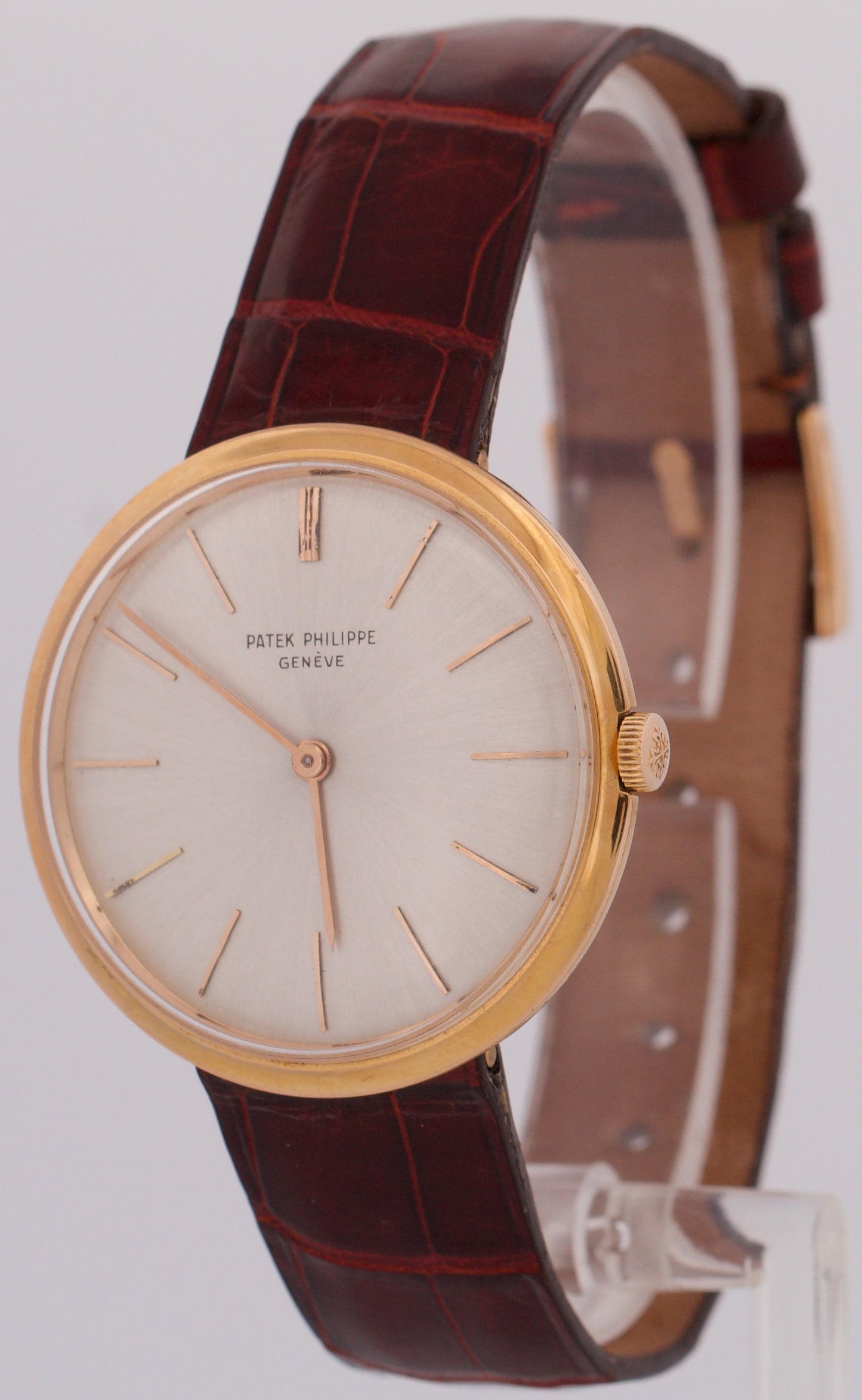 VINTAGE Patek Philippe Calatrava 35mm SILVER Manual 18K Rose Gold Leather 2591