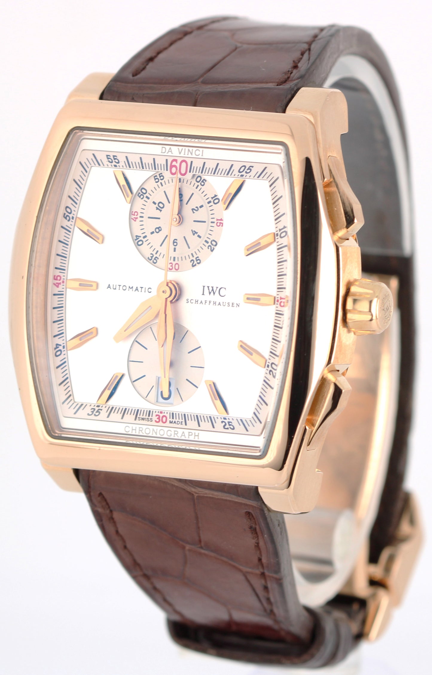 IWC Da Vinci Chronograph 18k Rose Gold Silver 43mm IW376402 Brown Leather Watch