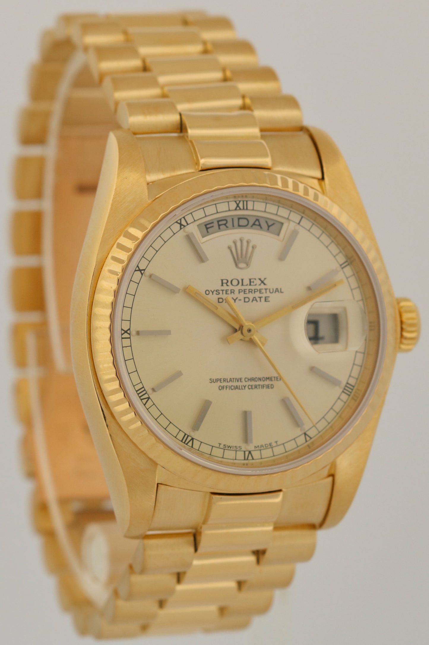 VINTAGE 1982 Rolex Day-Date President SILVER 36mm 18K Yellow Gold Fluted 18038
