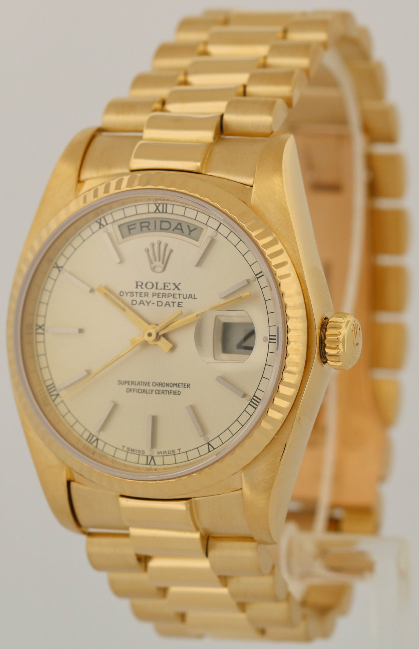 VINTAGE 1982 Rolex Day-Date President SILVER 36mm 18K Yellow Gold Fluted 18038