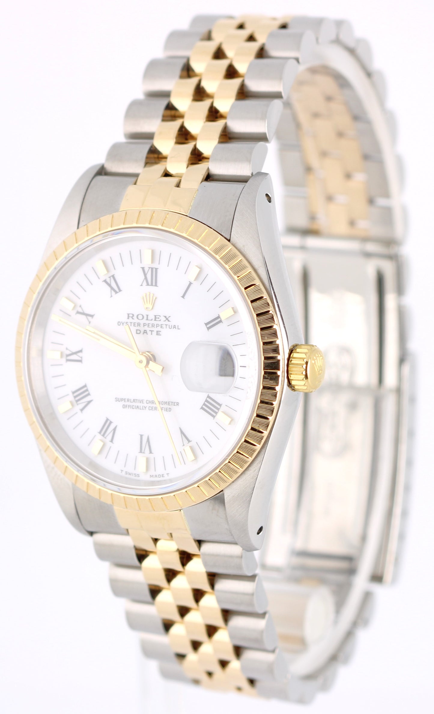 Rolex Date Two-Tone 18k Yellow Gold Steel White Roman 34mm 15223 Jubilee Watch