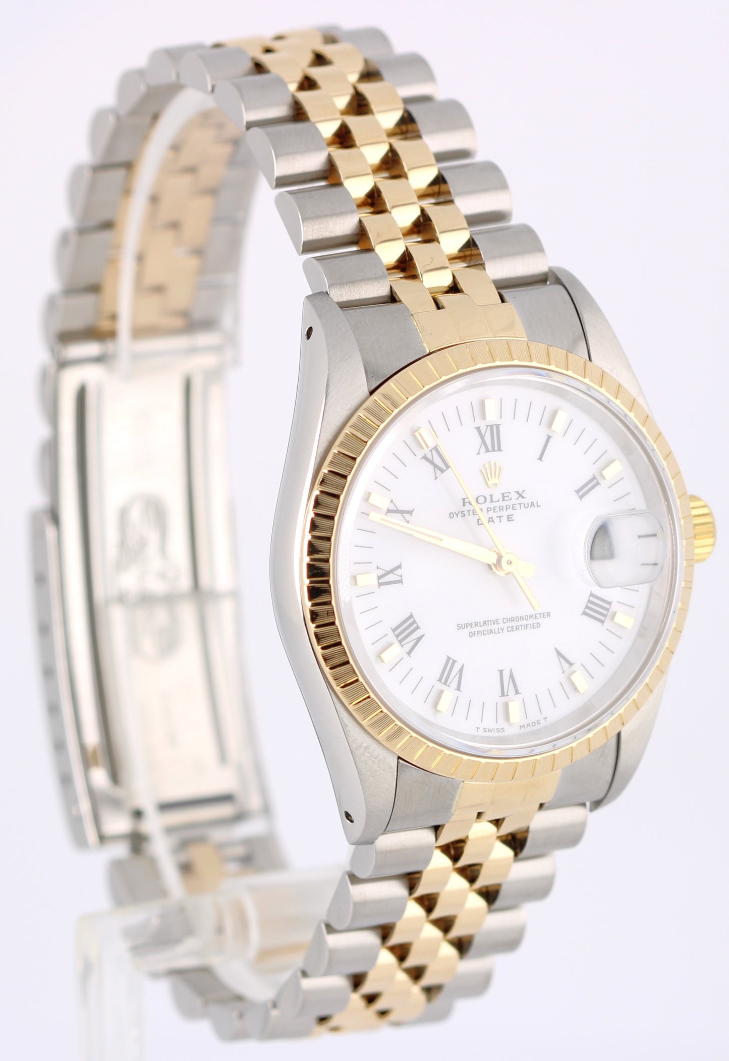 Rolex Date Two-Tone 18k Yellow Gold Steel White Roman 34mm 15223 Jubilee Watch