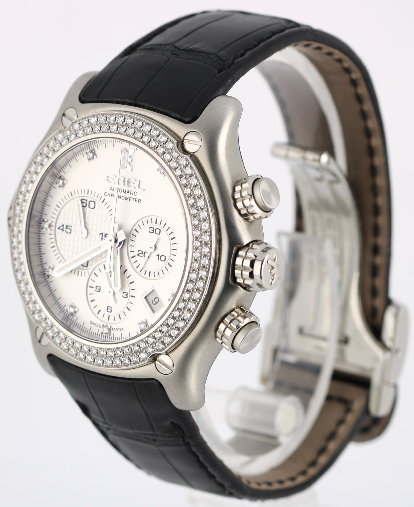 EBEL 1911 BTR Chronograph PAPERS Steel Silver DIAMOND 44mm E9137L7S Watch BOX