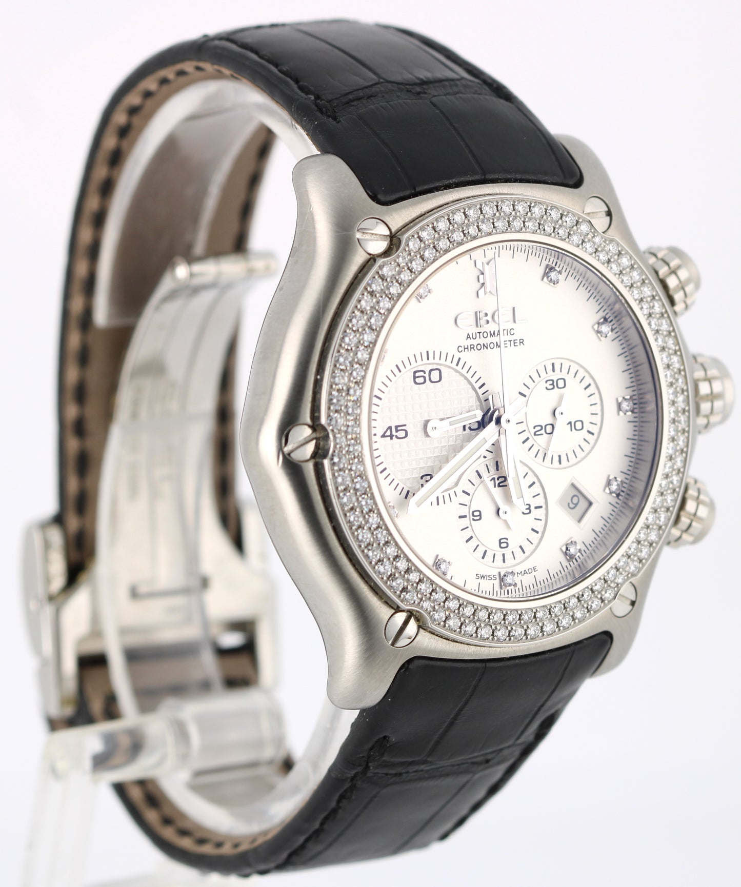 EBEL 1911 BTR Chronograph PAPERS Steel Silver DIAMOND 44mm E9137L7S Watch BOX