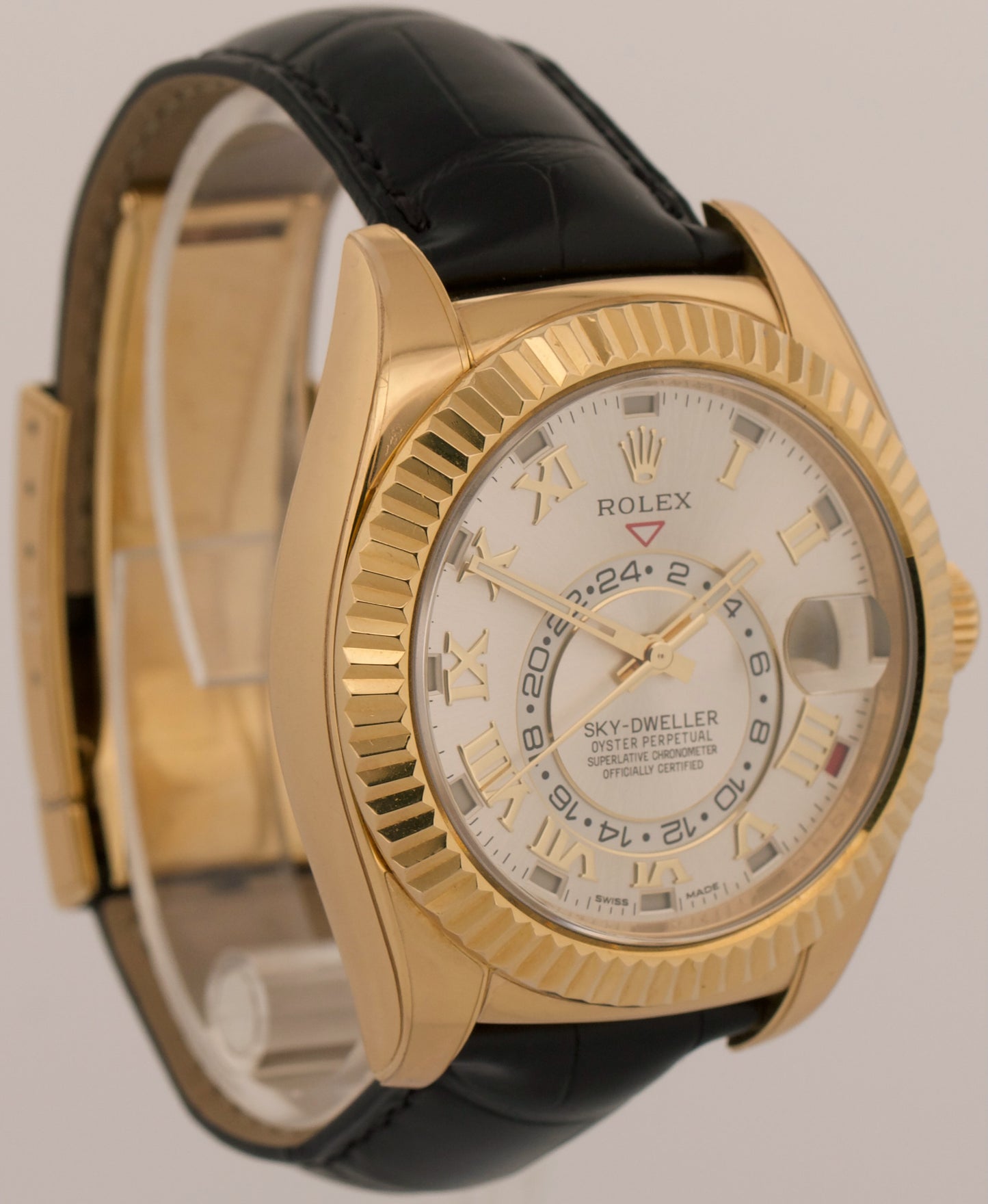 Rolex Sky-Dweller SILVER ROMAN 18K Yellow Gold Fluted 42mm LEATHER 326138 Watch