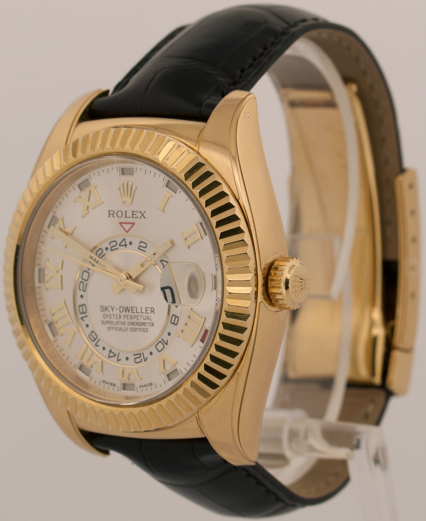 Rolex Sky-Dweller SILVER ROMAN 18K Yellow Gold Fluted 42mm LEATHER 326138 Watch