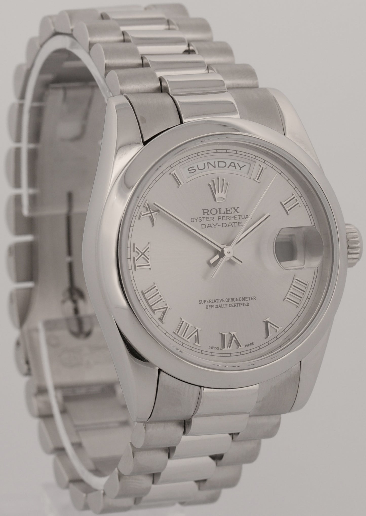 2000 Rolex Day-Date Presidential 36mm SILVER ROMAN 950 Platinum Smooth 118206