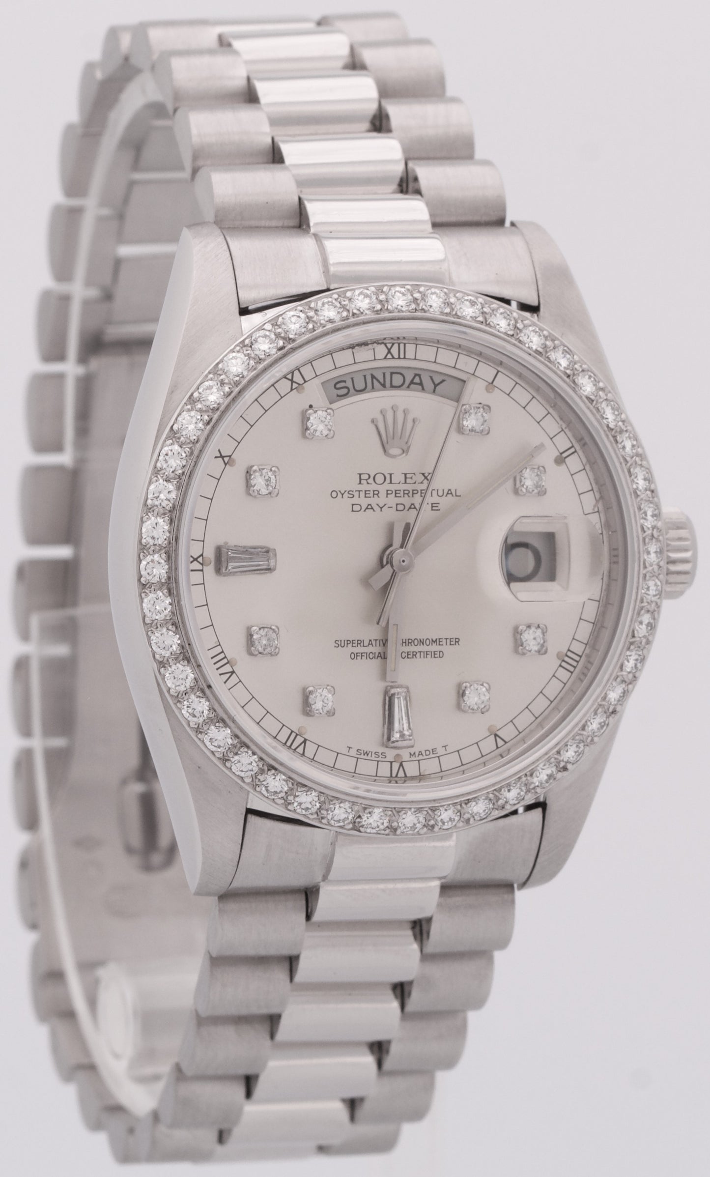 Rolex Day-Date President Silver FACTORY DIAMOND BEZEL 36mm 950 Platinum 18046