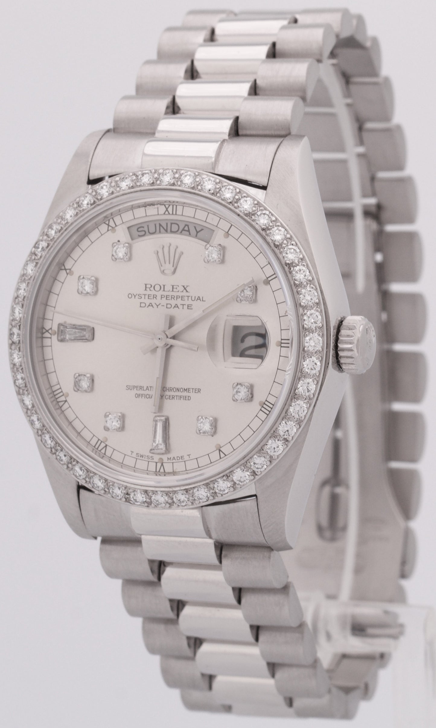 Rolex Day-Date President Silver FACTORY DIAMOND BEZEL 36mm 950 Platinum 18046