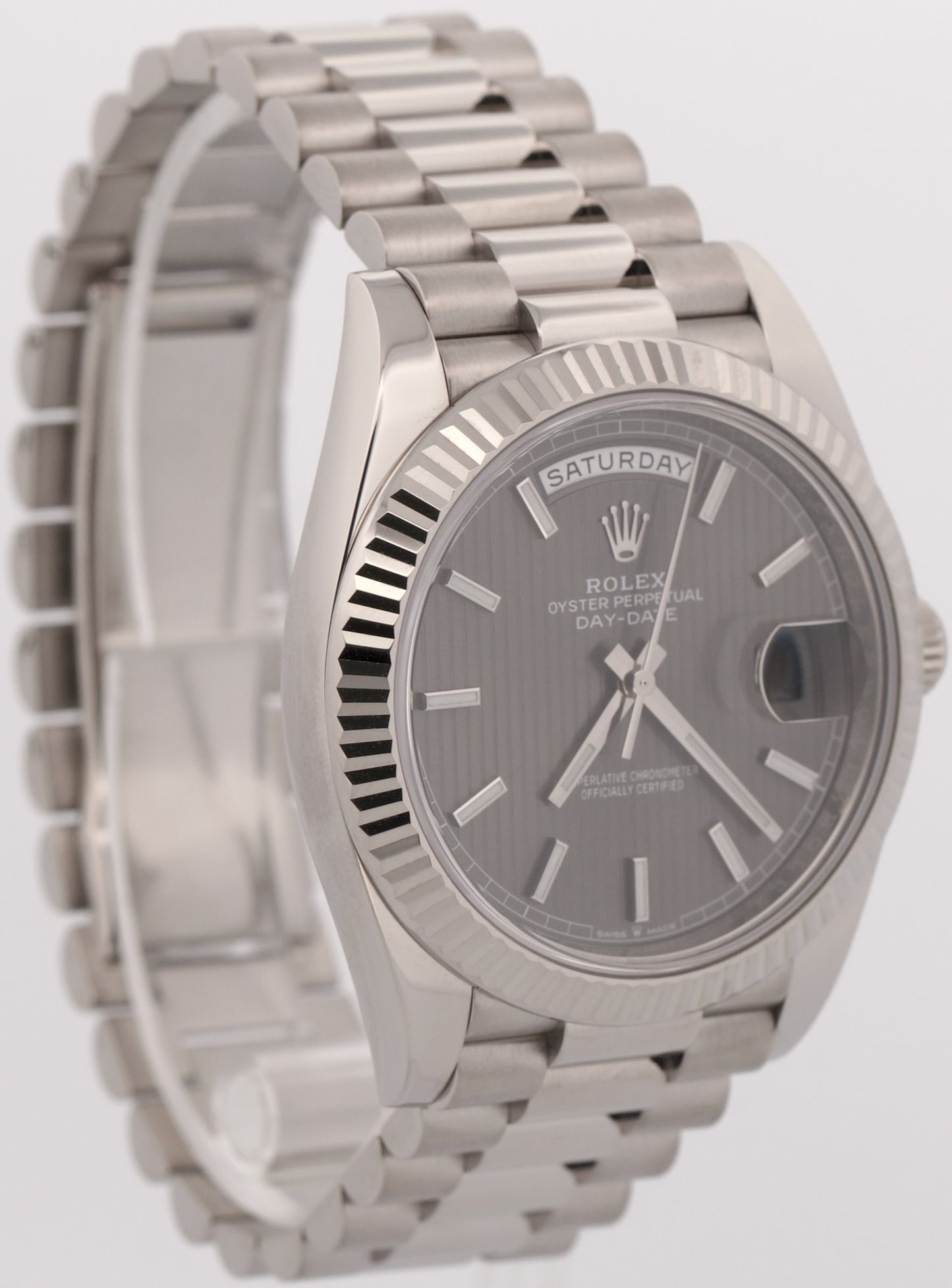 2025 CPO Rolex Day-Date President 40mm RHODIUM TAPESTRY 18K Gold 228239 BOX